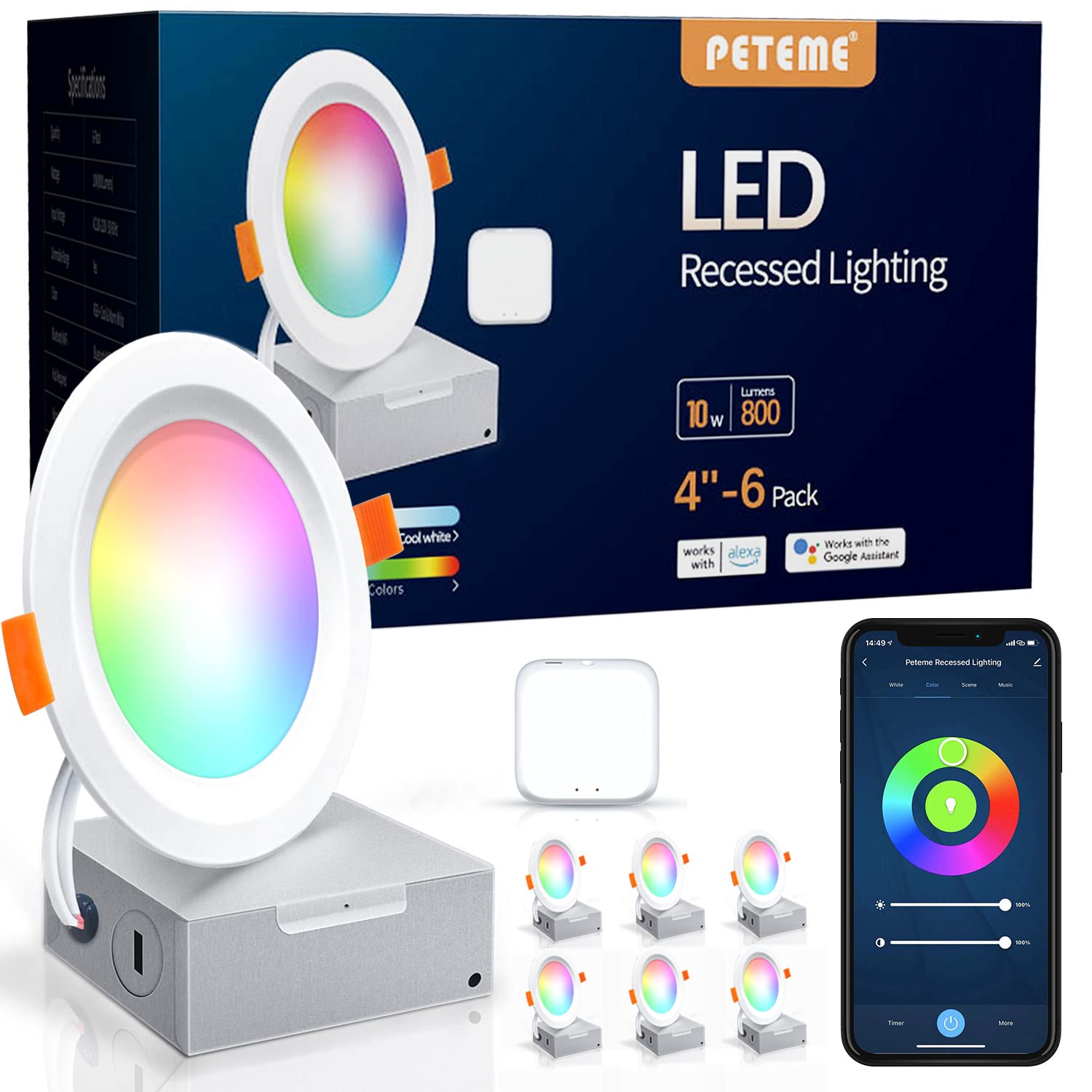 Peteme 智慧 LED 嵌入式照明燈，4 英寸，IC 認證 - ETL 認證，RGBCW 可調光變色吸頂燈，帶接線盒，兼容 Alexa 和 Google，10W 800 流明，6 個裝