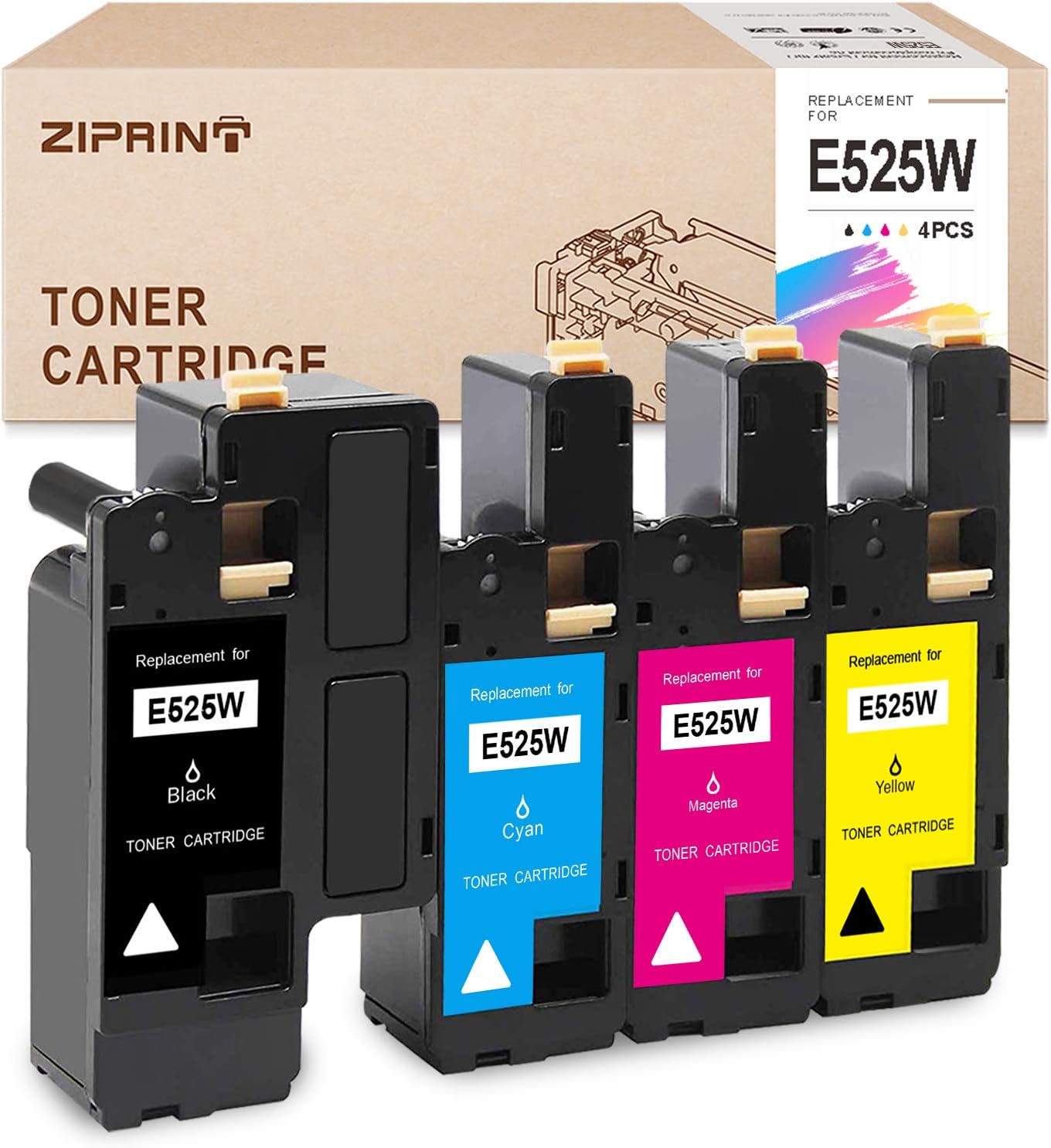 ZIPRINT 相容於戴爾 E525W 彩色雷射印表機碳粉匣（黑色 593-BBJX、青色 593-BBJU、洋紅色 593-BBJV、黃色 593-BBJW，4 支裝）