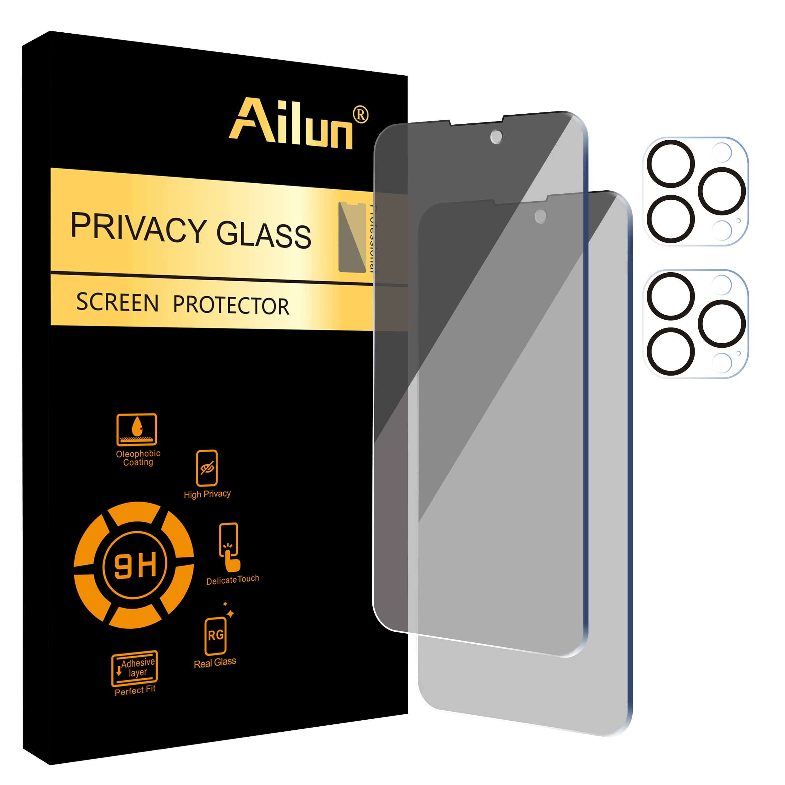 Ailun 2片裝 iPhone 14 Pro Max [6.7 吋] 隱私螢幕保護貼 + 2錠相機鏡頭保護膜，感應器保護，相容於 Dynamic Island，防窺隱私強化玻璃膜，相容於手機殼