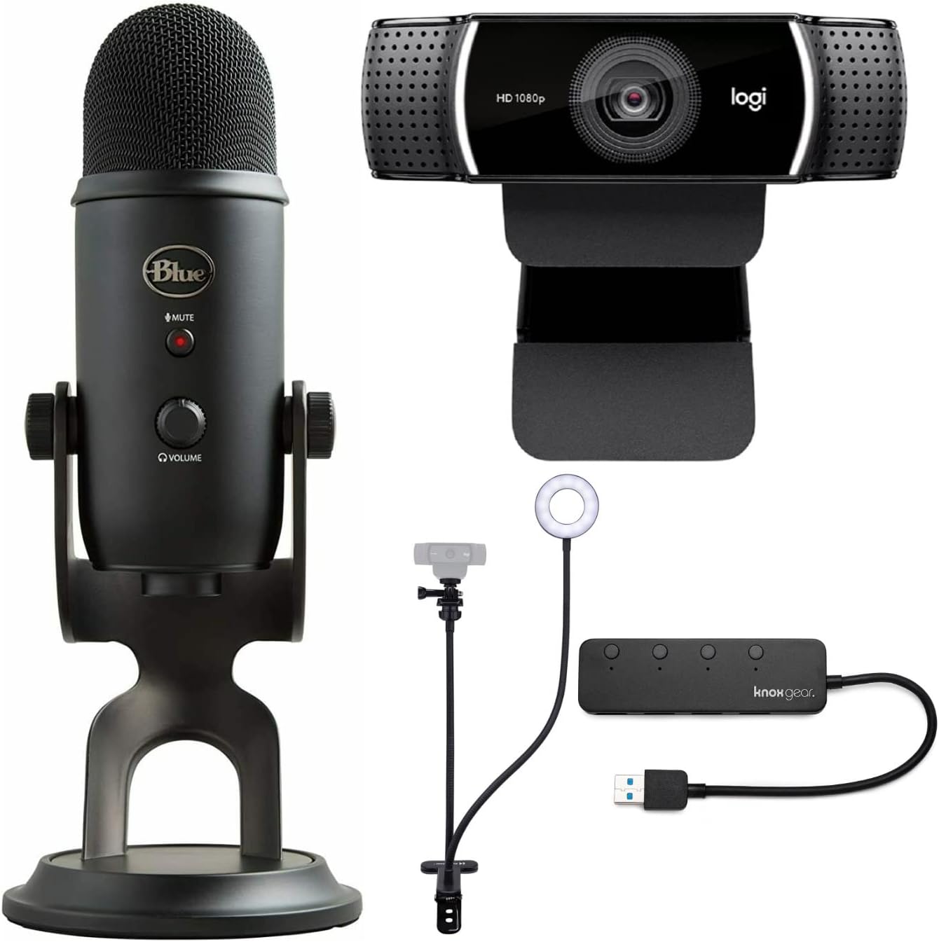 Blue Microphones Yeti USB麥克風黑色套裝，含Logitech C922網路攝影機及Knox Gear網路攝影機支架及自拍環形燈（4件組）