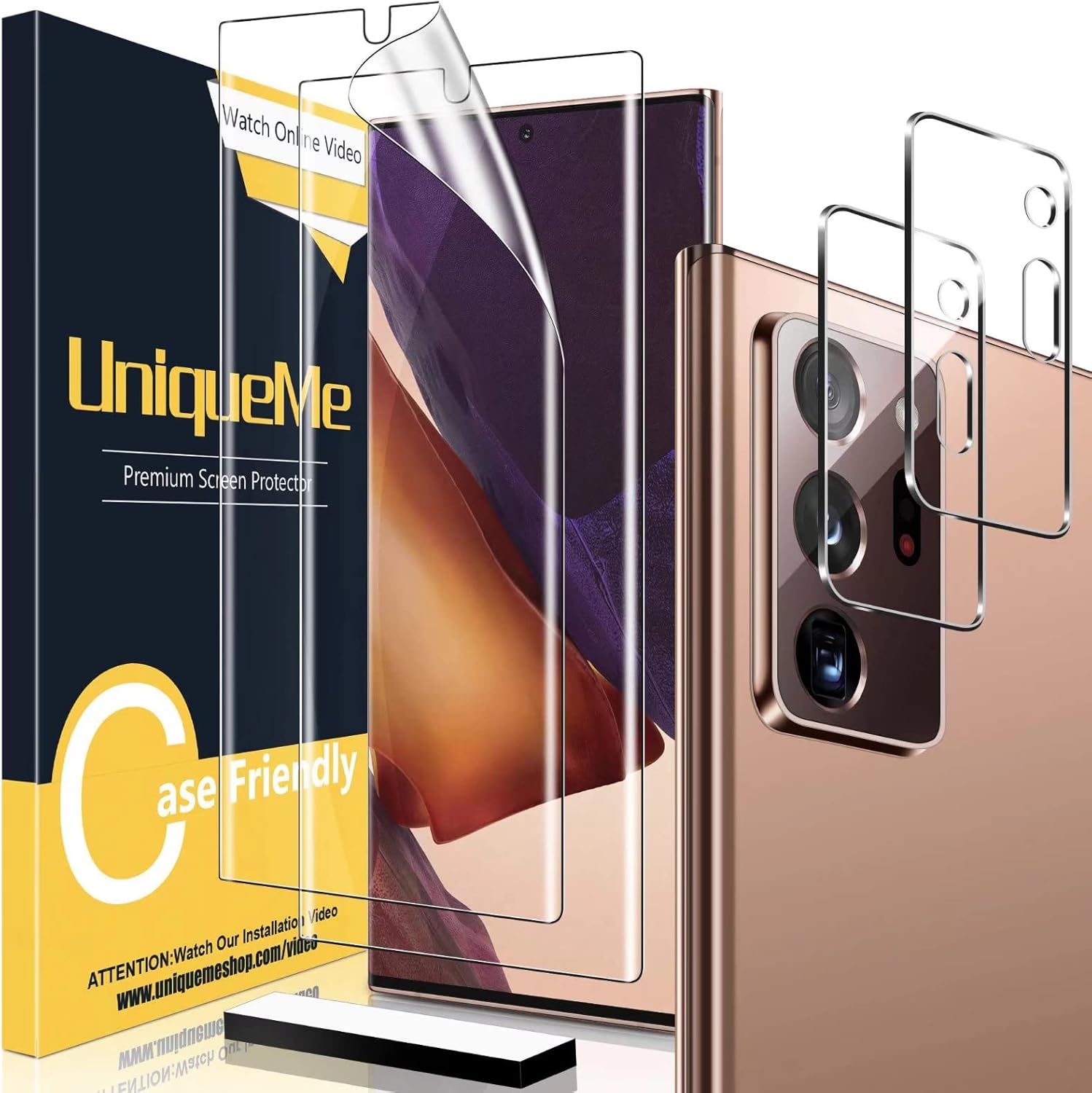【2+2 片裝】UniqueMe 適用於三星 Galaxy Note 20 Ultra 6.9 吋的軟 TPU 螢幕保護貼【非玻璃材質】和相機鏡頭保護膜，高清透亮【相容手機殼】【無氣泡】【防滑工具】