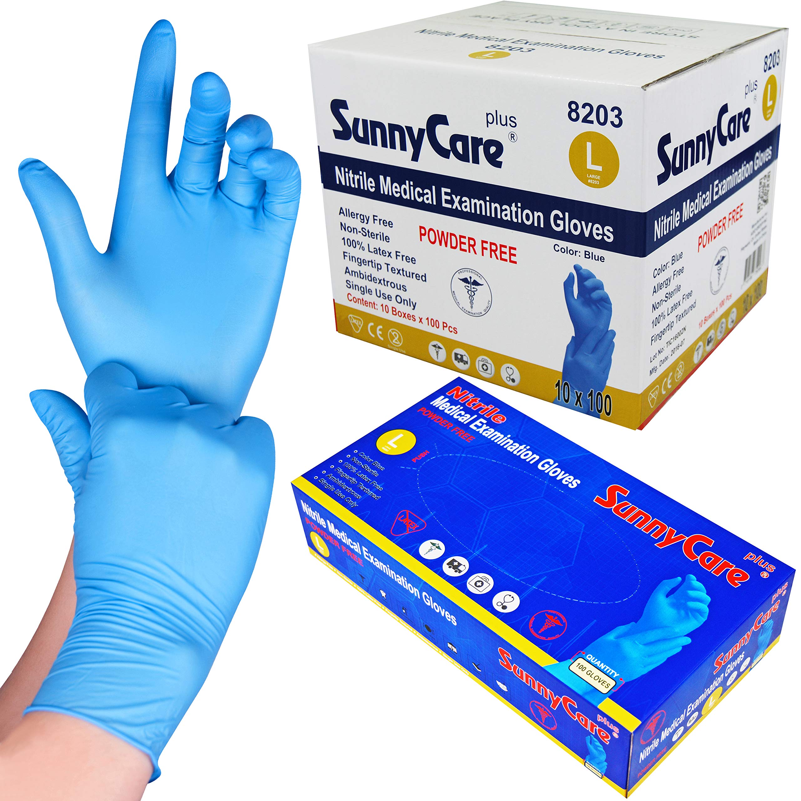 1000只裝 SunnyCare #8203 藍色丁腈醫用檢查手套，無粉，耐化療（非乙烯基乳膠），100隻/盒；10盒/箱，尺寸：大號