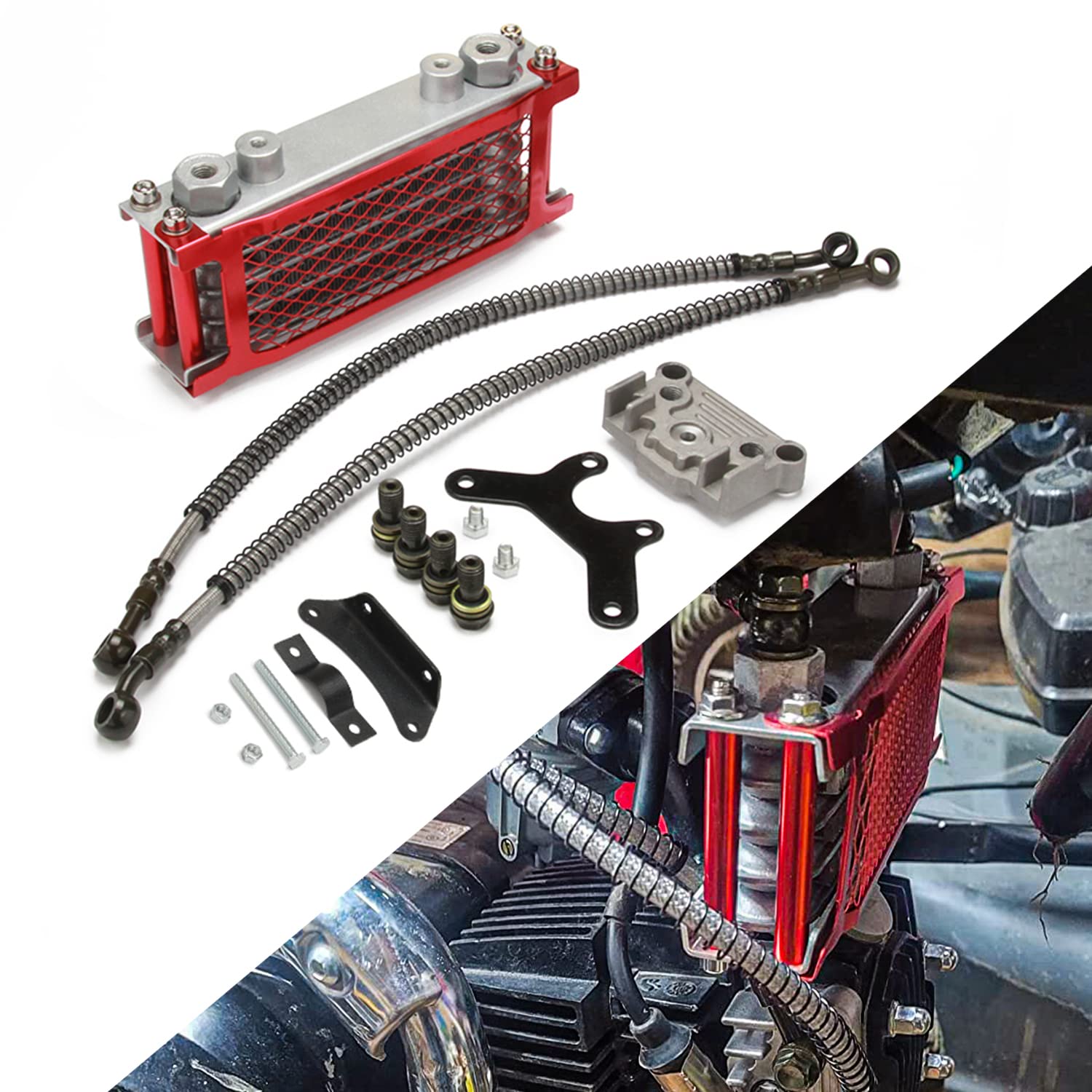 USTPO摩托車機油冷卻器冷卻散熱器引擎套件，通用型，適用於CRF XR KLX 50 70 90 110 125 140cc SSR Taotao Coolster Kayo Apollo 越野摩托車/沙灘車/沙灘車，紅色