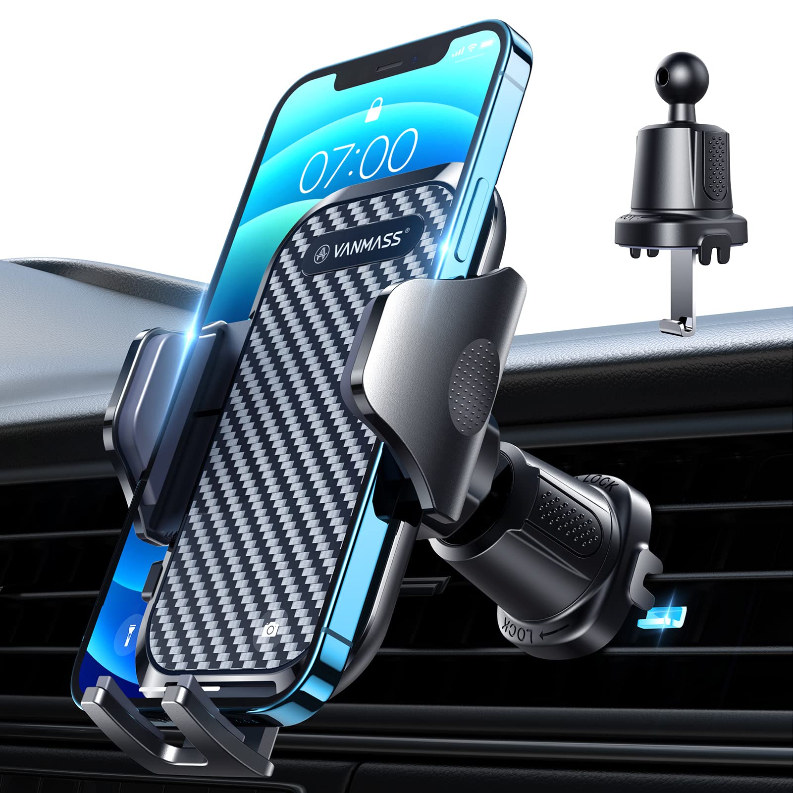VANMASS [2022 最新款] 車載出風口手機支架 [超強鋼鉤] 出風口夾式支架，堅固耐用，防震防摔，通用型手機支架，免持支架，適用於 iPhone 14/13 和三星 Galaxy，黑色