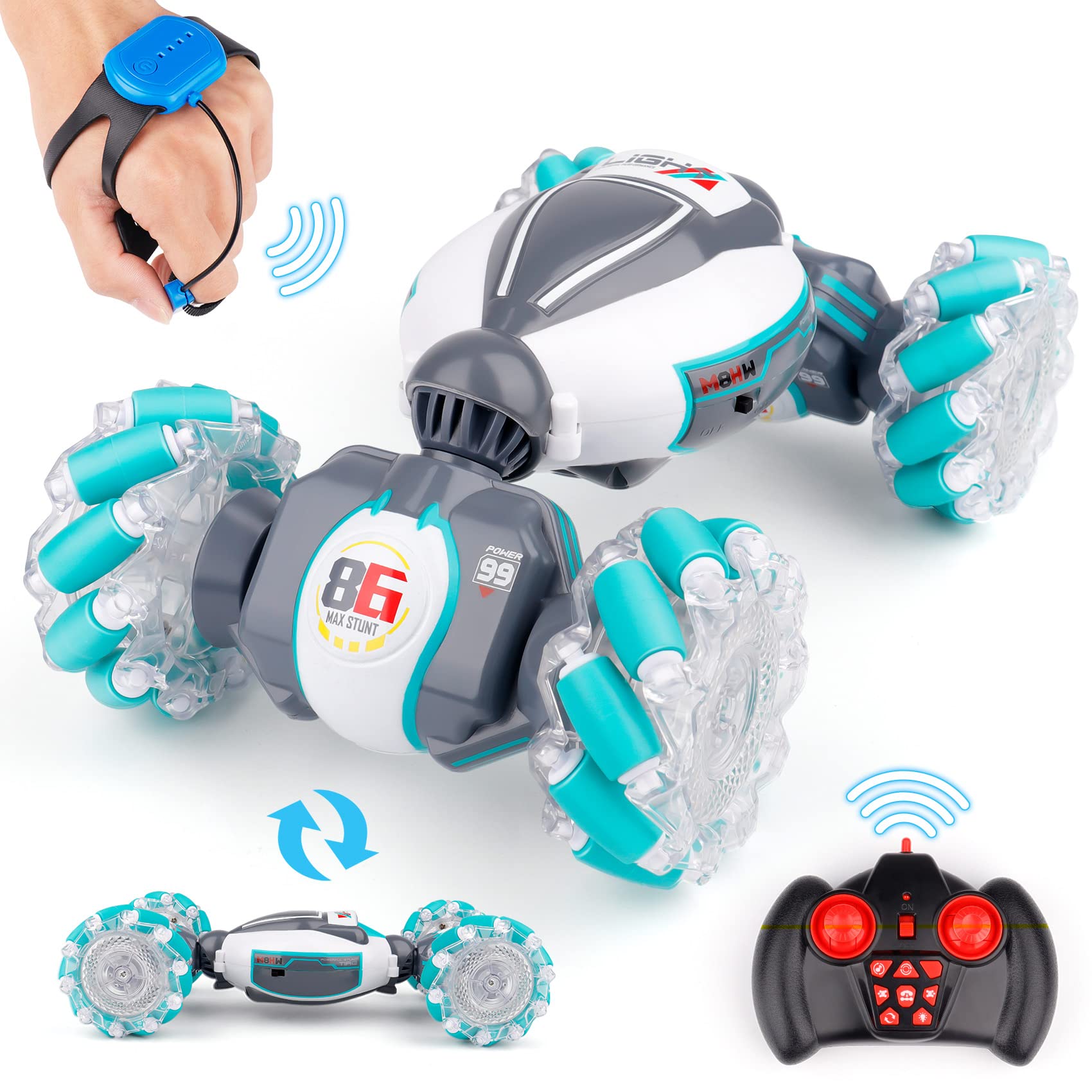 適合6-12歲男孩的手勢感應遙控特技車玩具 - 7、8、9、10、11歲兒童的最佳生日禮物，2.4GHz手控遙控扭轉車，PREPOP 4WD變形越野旋轉車