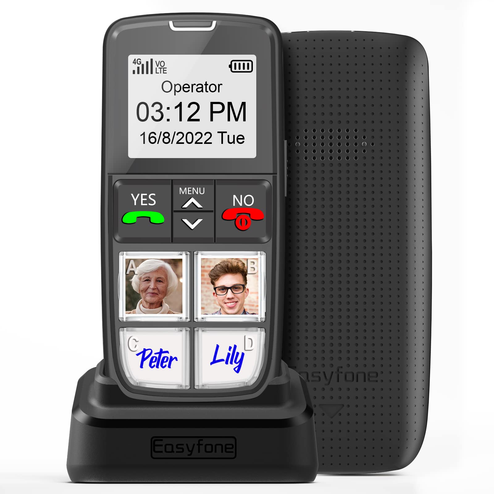 Easyfone T6 4G 最容易使用的手機 | 解鎖，適用於 T-Mobile、Metro、Tello、SpeedTalk 和 RedPocket（AT&T）網絡 | 四個大尺寸直撥圖片按鍵 | SOS 緊急求助按鈕 | 便捷充電底座