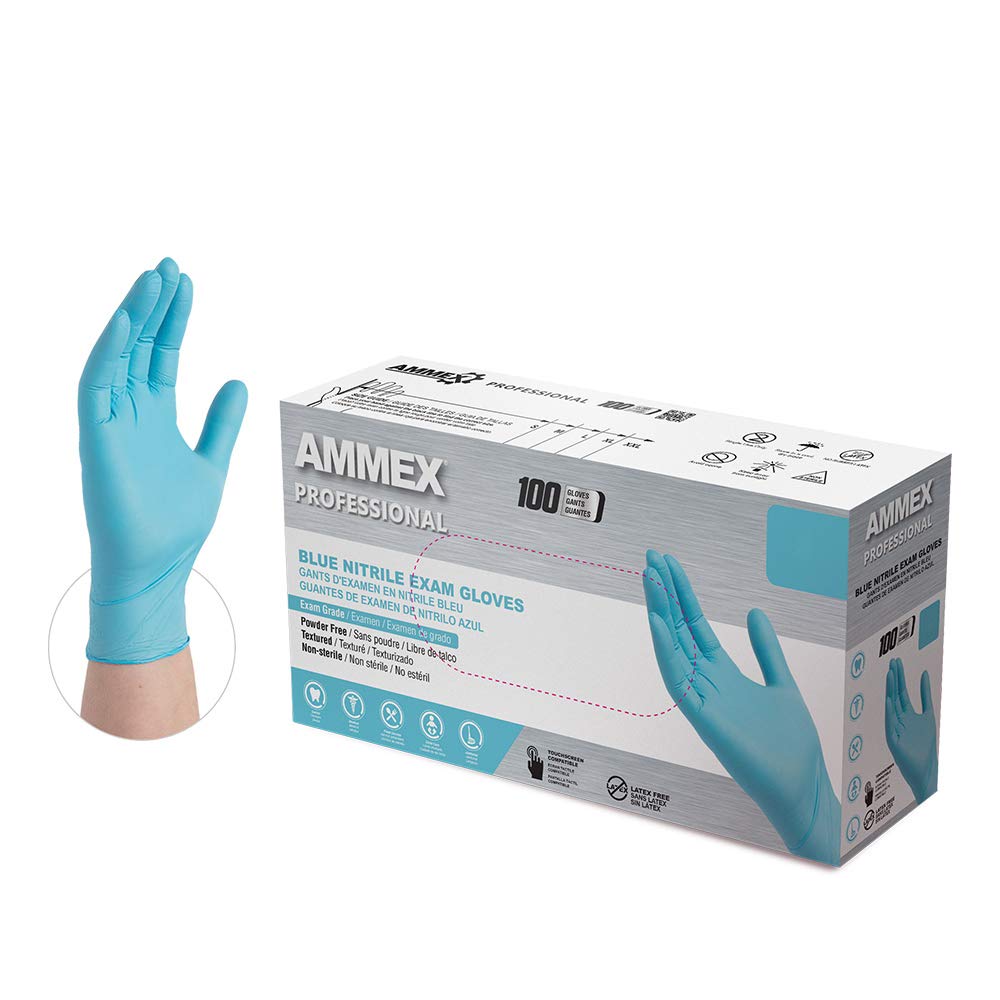 AMMEX藍色丁腈一次性醫用手套，3密耳，不含乳膠和粉末，食品安全，輕微紋理，非無菌