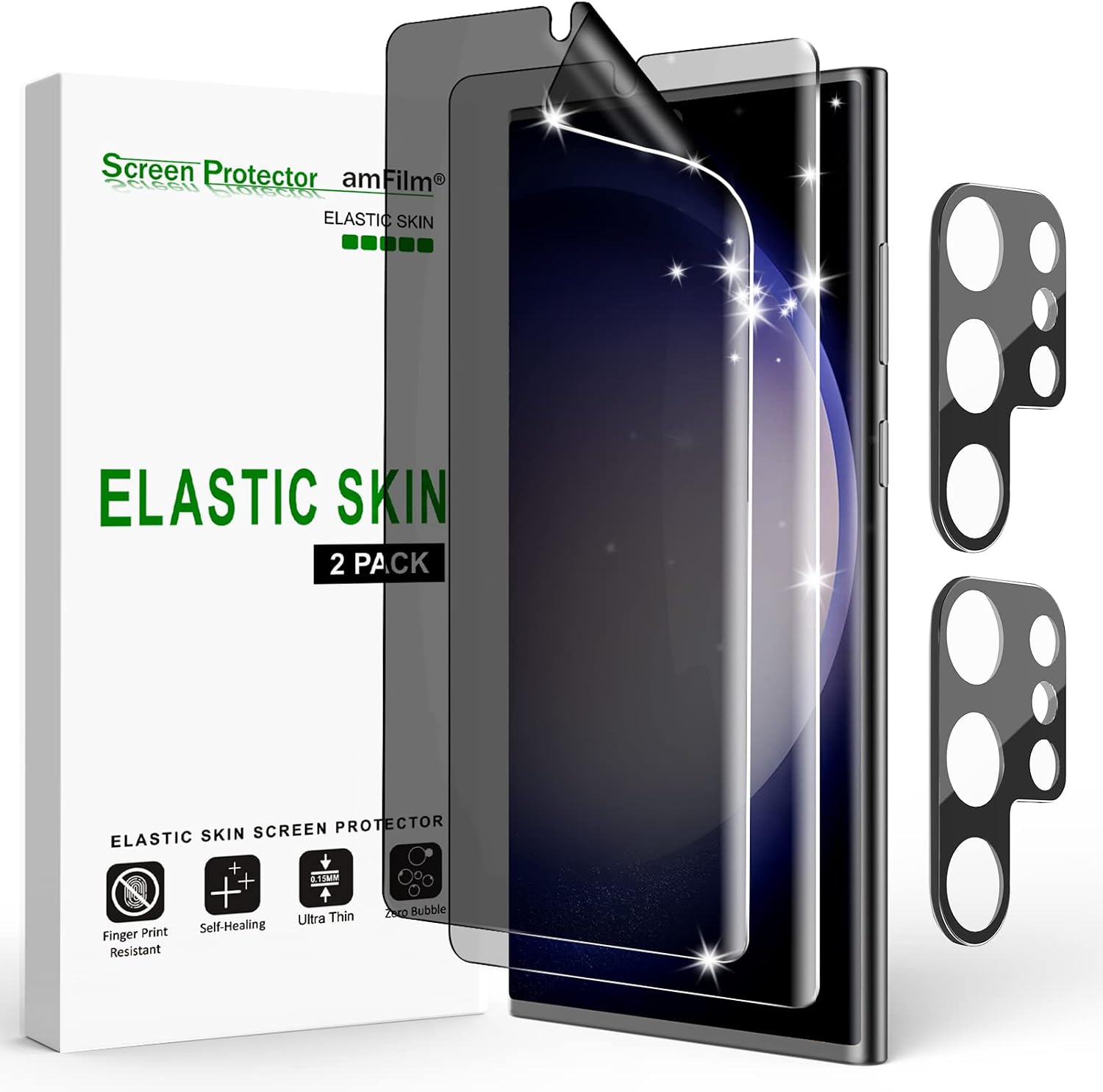 amFilm（2片裝，相容於三星Galaxy S23 Ultra隱私螢幕保護貼，彈性材質，適用於5G 6.8吋螢幕，支援指紋識別，配有簡易安裝工具，TPU材質全覆蓋）