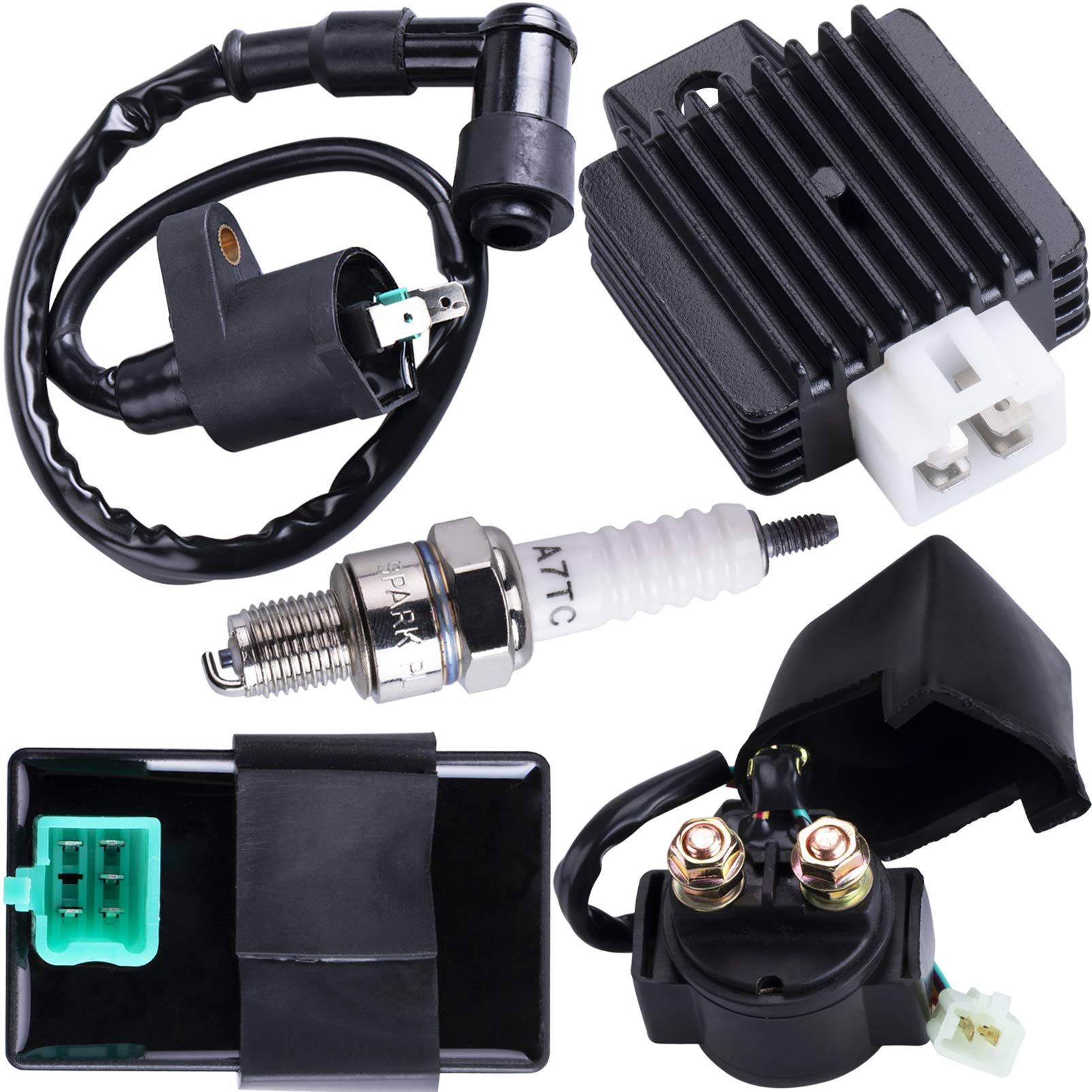 CNCMOTOK 點火線圈 5 針 CDI 盒電磁閥 4 針繼電器電壓調節器火星塞套件，適用於 50cc 70cc 90cc 110cc 125cc ATV 中國產卡丁車越野摩托車小型摩托車 TaoTao 輕便摩托車踏板車