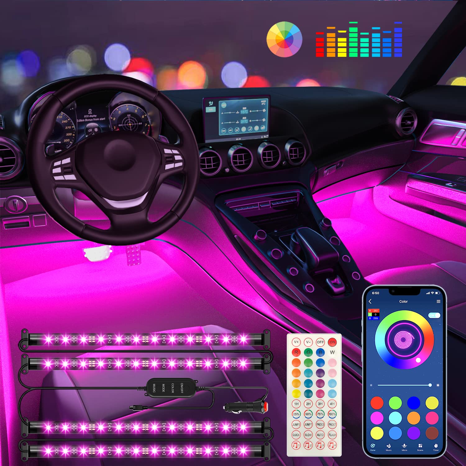 Keepsmile 車內照明燈，汽車配件，車用 LED 燈，APP 控制，帶遙控器，音樂同步變色，RGB 儀表台下照明燈，帶車載充電器，12V 2A LED 車燈（RGB）