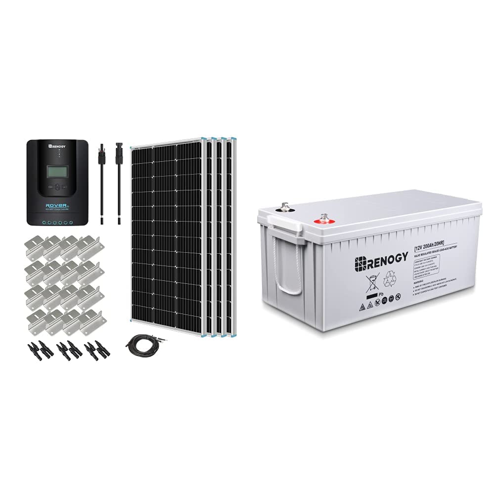 Renogy 400瓦12伏特式單晶矽入門套件，包含4顆100瓦單晶矽太陽能板、40安培Rover MPPT充電控制器和12伏特200安培時深循環AGM電池（自放電率3%）