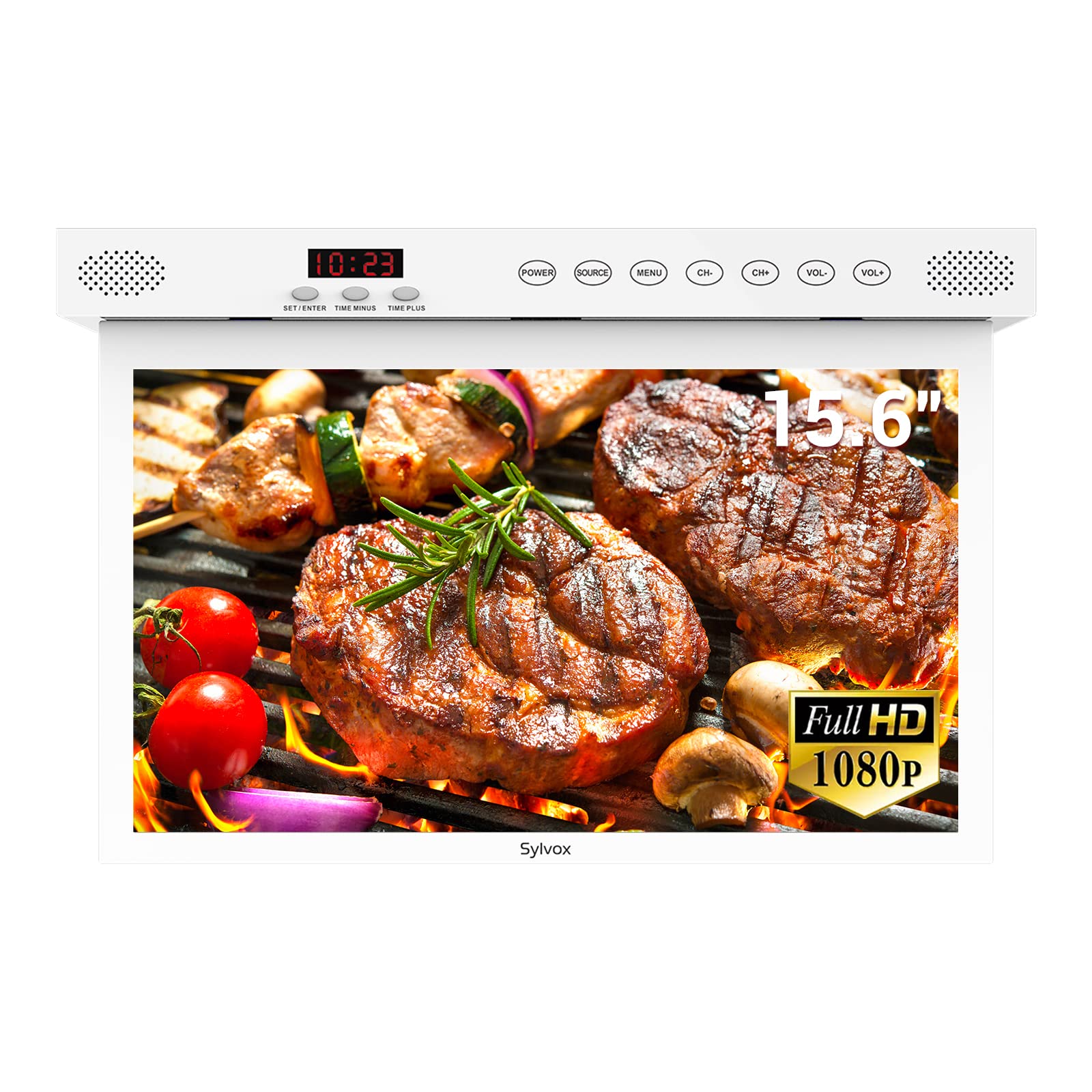 SYLVOX 15.6吋智慧電視，適用於廚房，1080P全高清，可安裝在櫥櫃下方，安卓智慧電視，可旋轉折疊，支援Google助理、WiFi和藍牙，小巧便攜，適用於廚房、臥室、房車等地方。
