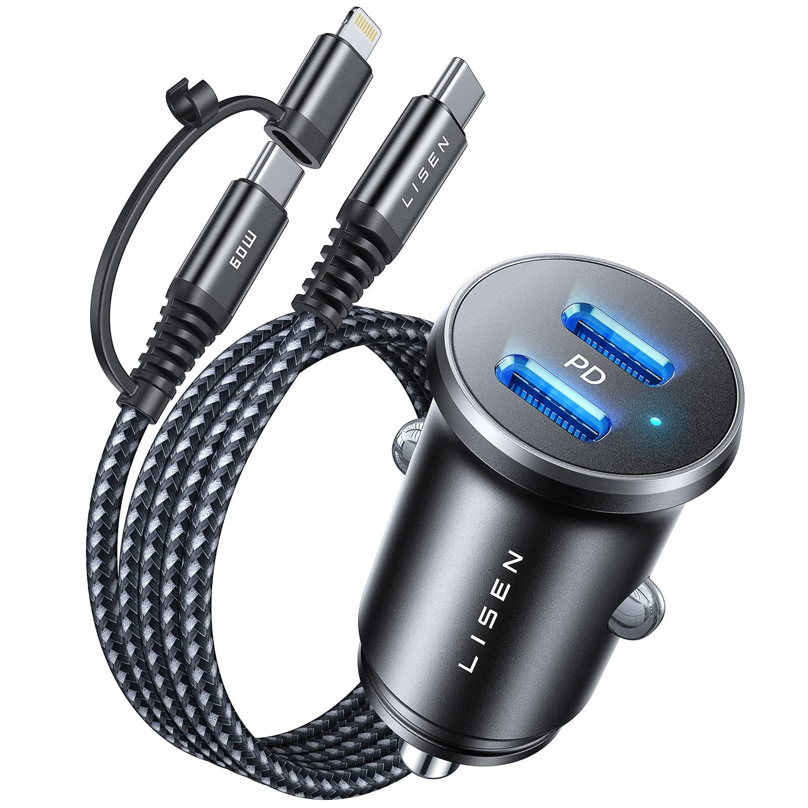 LISEN USB-C車用充電器 [雙PD 30W快充] Type-C車用點煙器USB充電器 [二合一尼龍C轉C/C轉L線] iPhone車用充電器轉接器，適用於iPhone、三星、iPad、GooglePixel等設備。