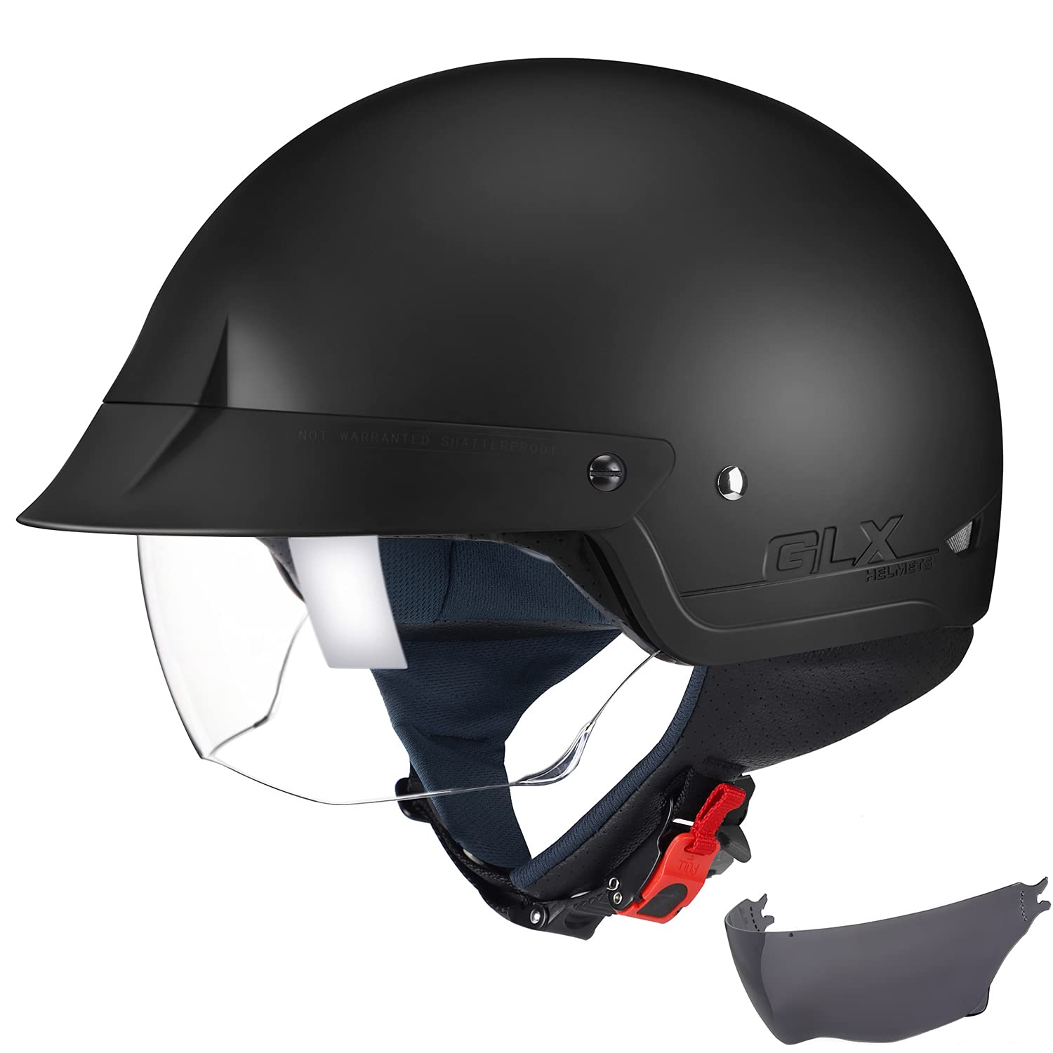 GLX M14 巡航車踏板摩托車半盔，附免費可伸縮有色鏡片，通過 DOT 認證（霧面黑，大號）