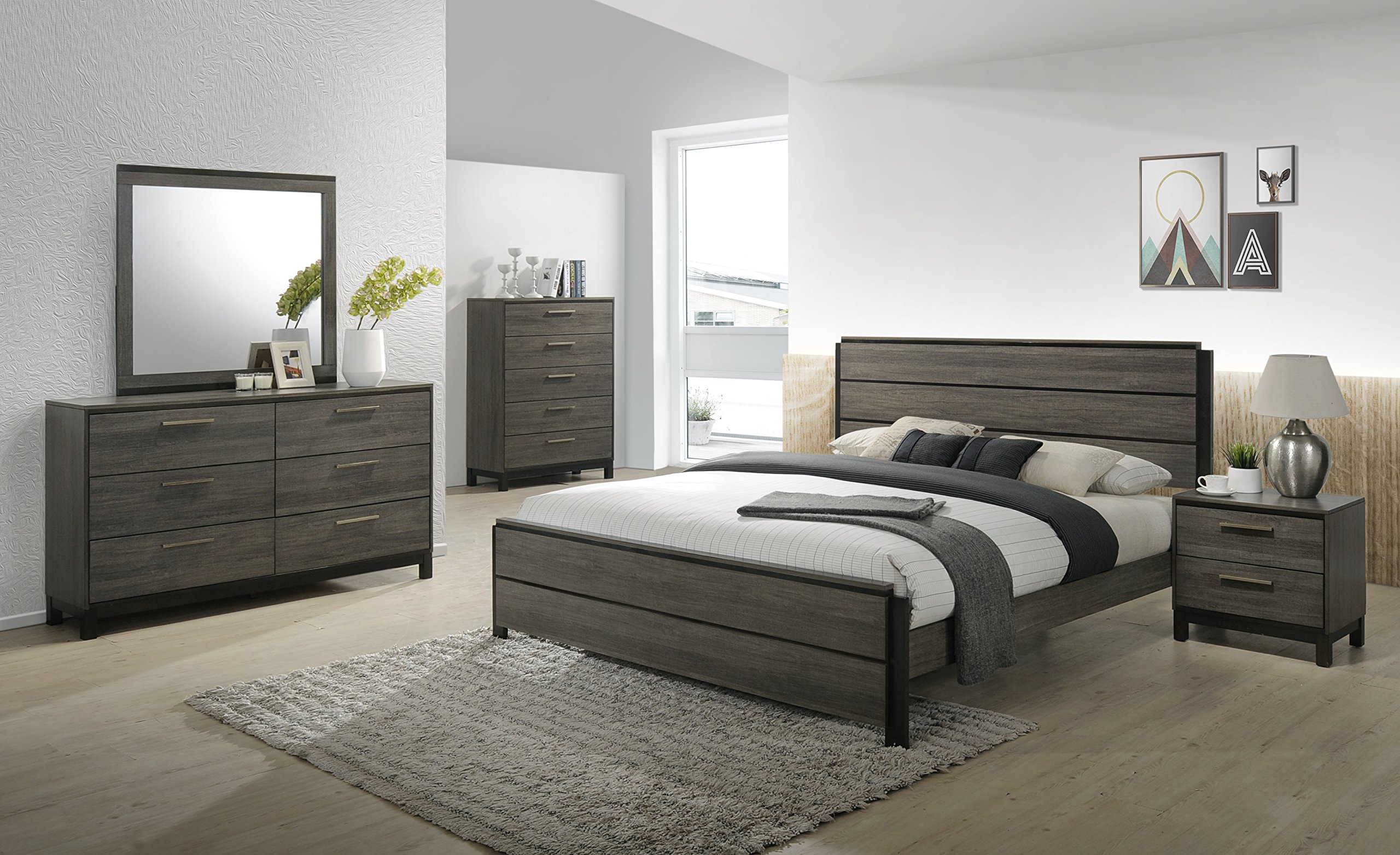 Roundhill Furniture Ioana 187 復古灰色木質臥室套裝，包括特大號床、梳妝台、鏡子、床頭櫃和五斗櫃