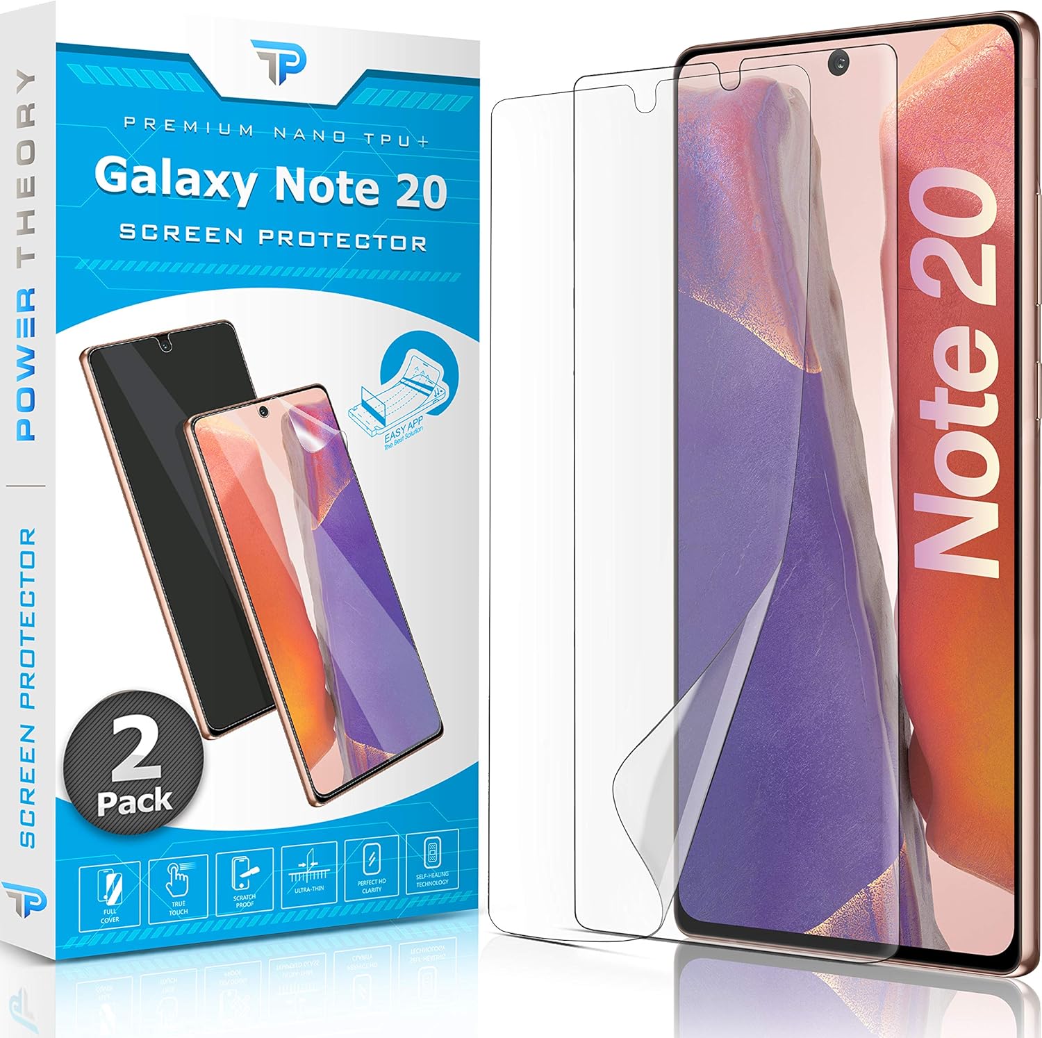 Power Theory 三星 Galaxy Note 20 螢幕保護貼 [2 片裝] [非玻璃材質] 全覆蓋，相容於手機殼，柔韌防刮膜