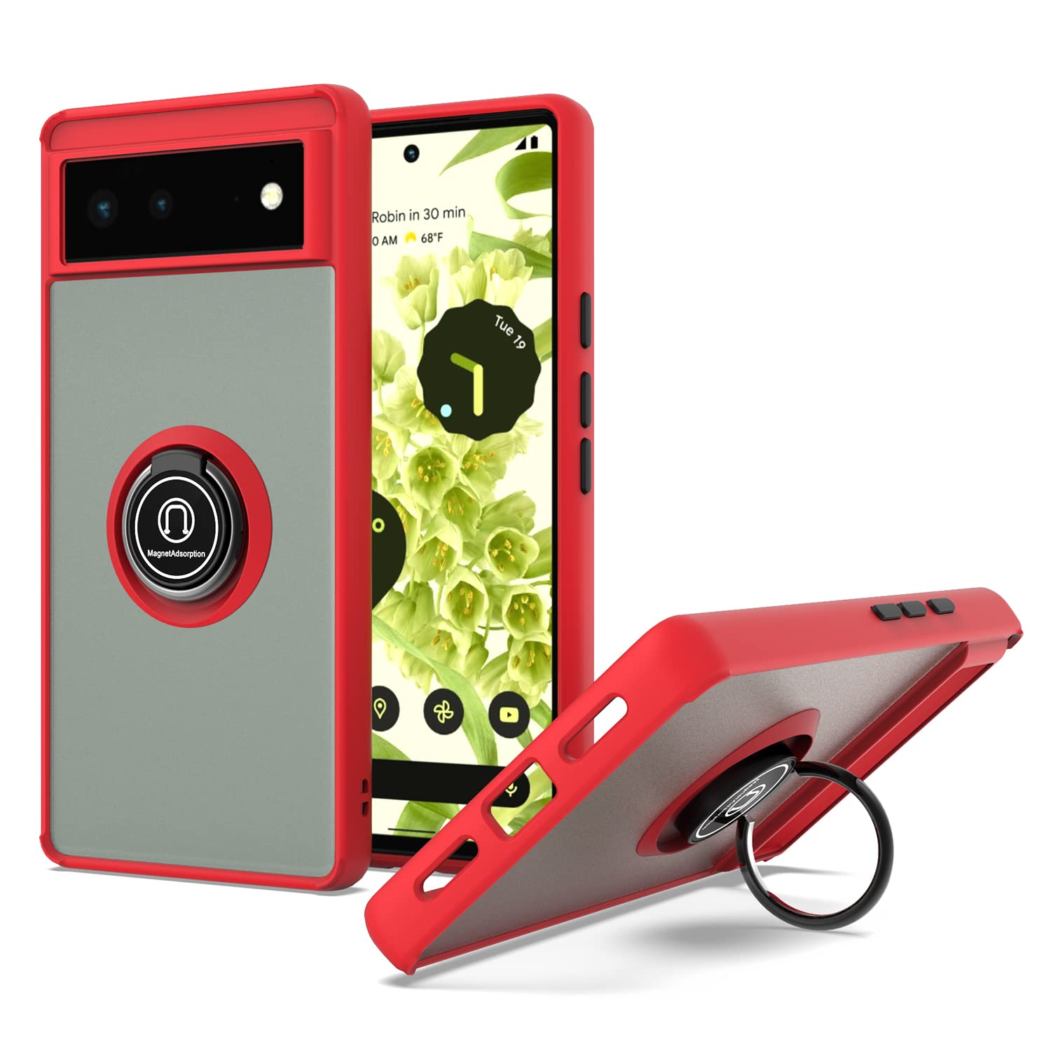 KWEICASE 適用於 Google Pixel 6 5G 的手機殼，超薄磨砂透明款，帶金屬指環支架，兼容磁吸車載支架，防震保護混合材質，紅色