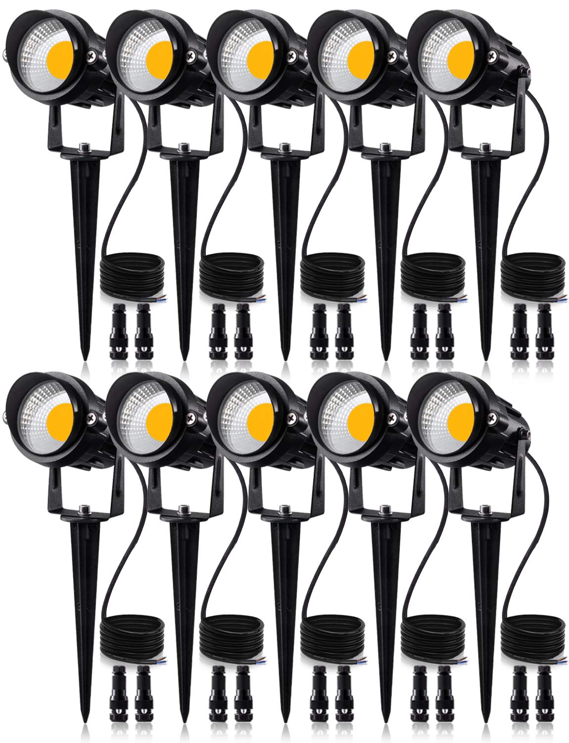 SUNVIE 12W 低壓 LED 景觀燈帶連接器，戶外 12V 超暖白光 (900LM) 防水花園小徑燈牆樹旗射燈帶地釘支架 (10 件裝帶連接器)