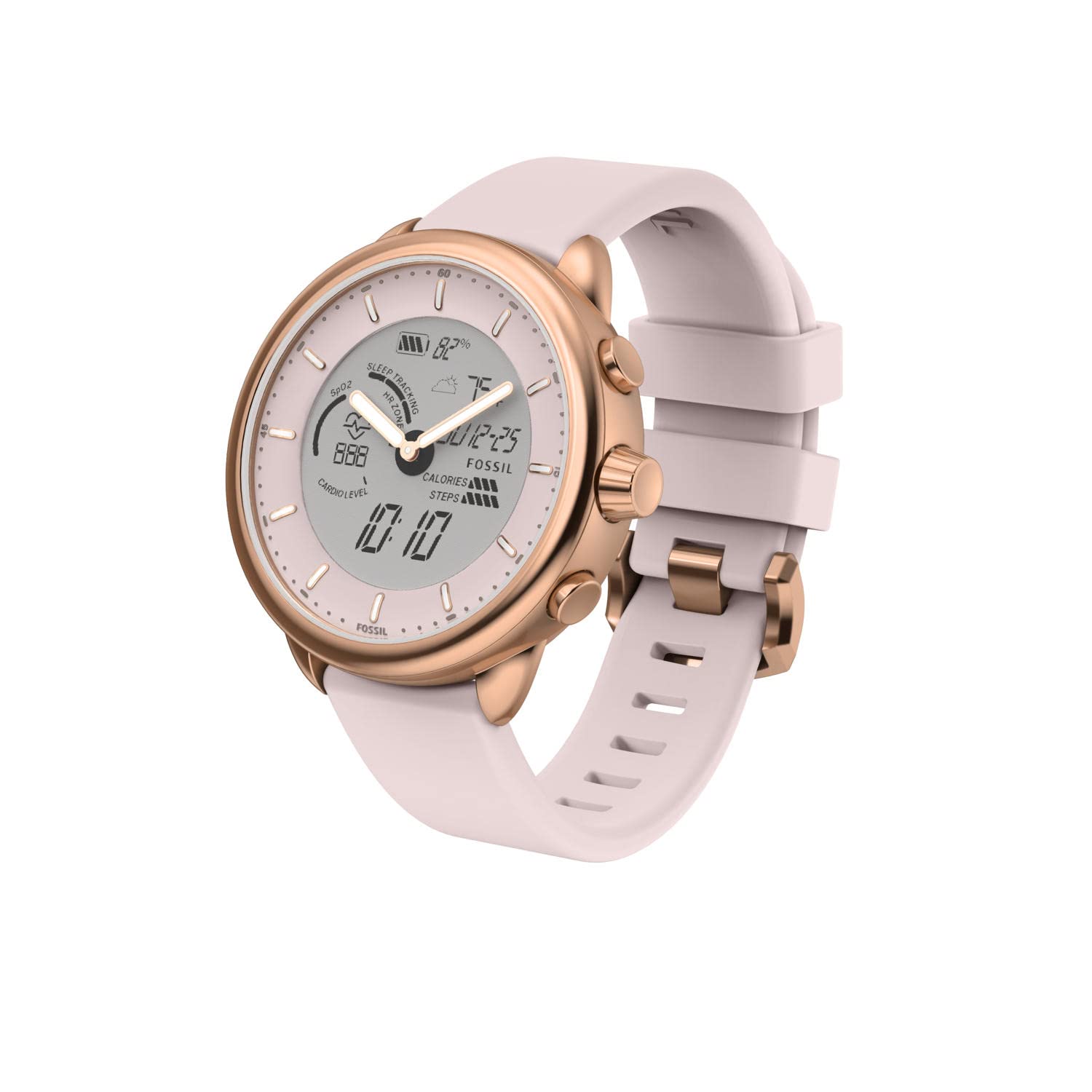 Fossil Gen 6 健康版混合智慧手錶，內建 Alexa 語音助手，具備心率監測、活動追蹤、血氧監測和智慧型手機通知功能。