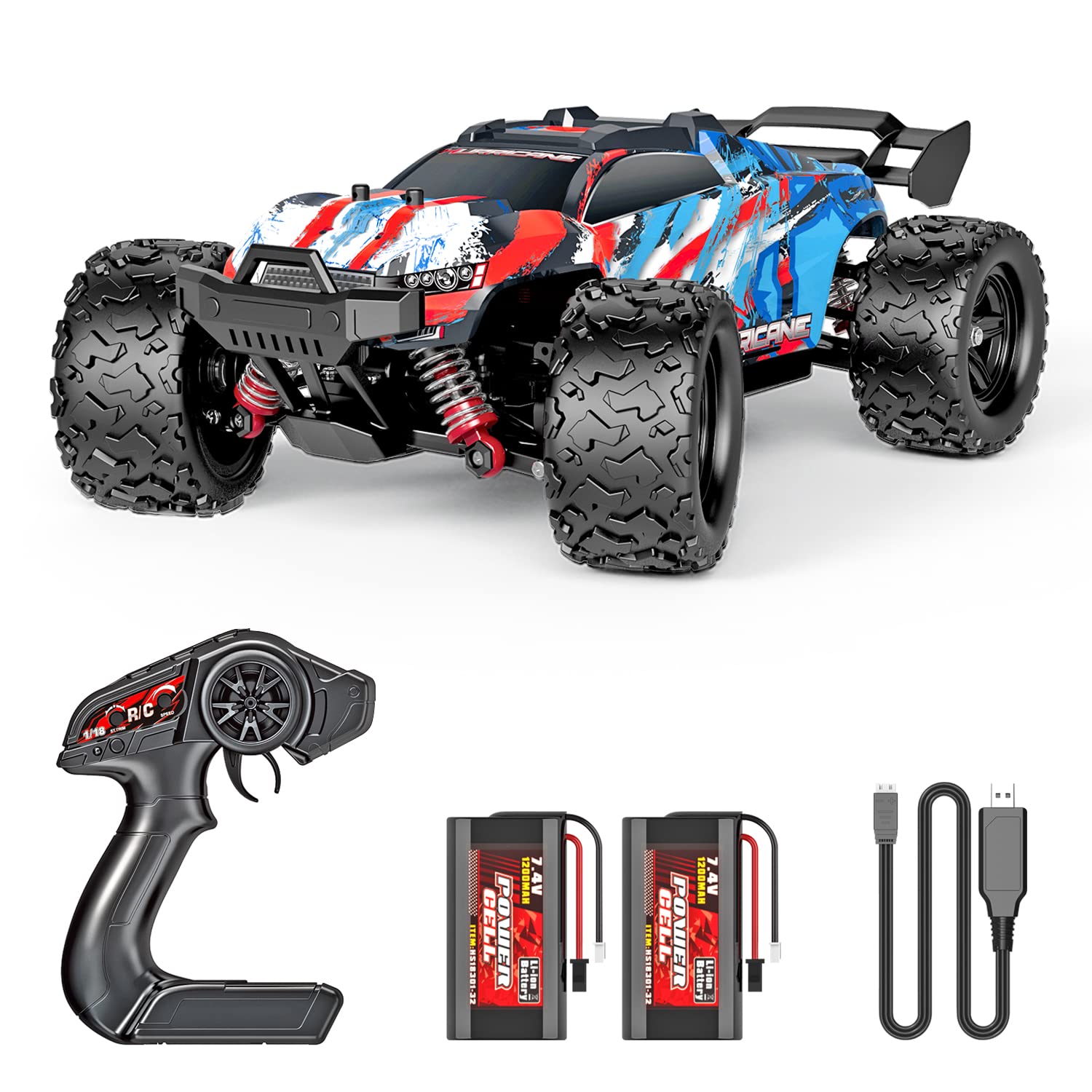 PHOUPHO 遙控車 1:18 比例 45公里/小時，四驅遙控車，防水漂移越野車，全新升級版有刷電機，配備兩塊可充電電池，成人業餘愛好者級別，兒童及成人玩具禮品