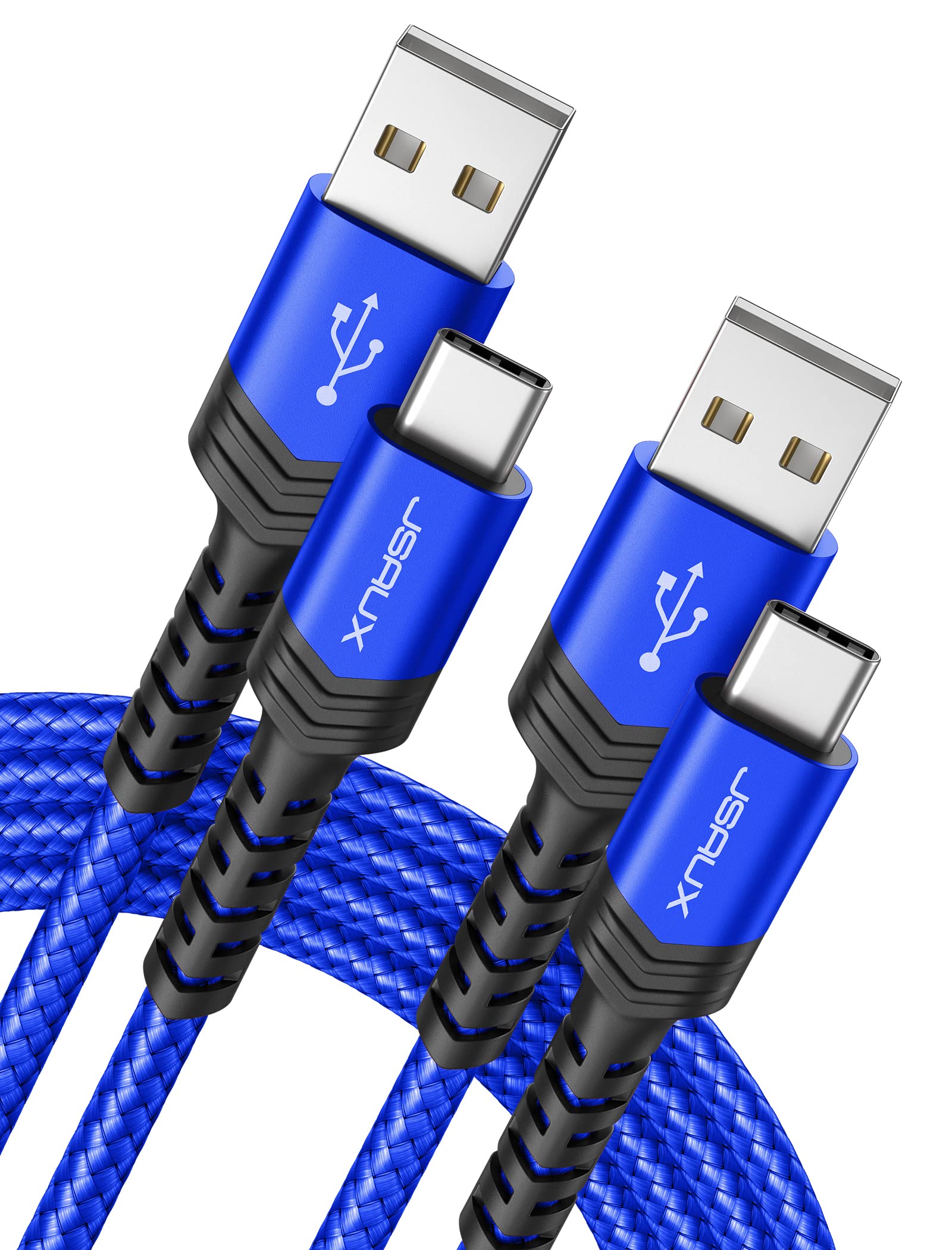 JSAUX USB-C 轉 USB-A 線 3.1A 快充 [2 條裝 6.6 英尺]，USB Type-C 充電線，相容於三星 Galaxy S10 S9 S8 S20 Plus A51 A12 A11、Note 10 9 8、PS5 手把 USB-C 充電器 - 藍色