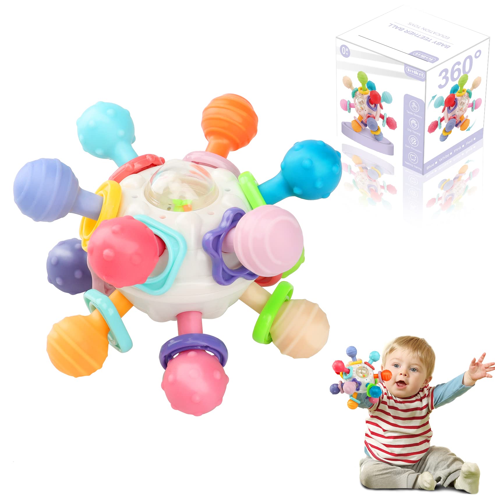嬰兒磨牙玩具：0-6個月嬰兒磨牙玩具 | 6-12個月嬰兒磨牙玩具 | 0-3個月嬰兒磨牙球玩具 | 搖鈴感官嬰兒玩具，適合0-3-6-12個月嬰兒（白色）