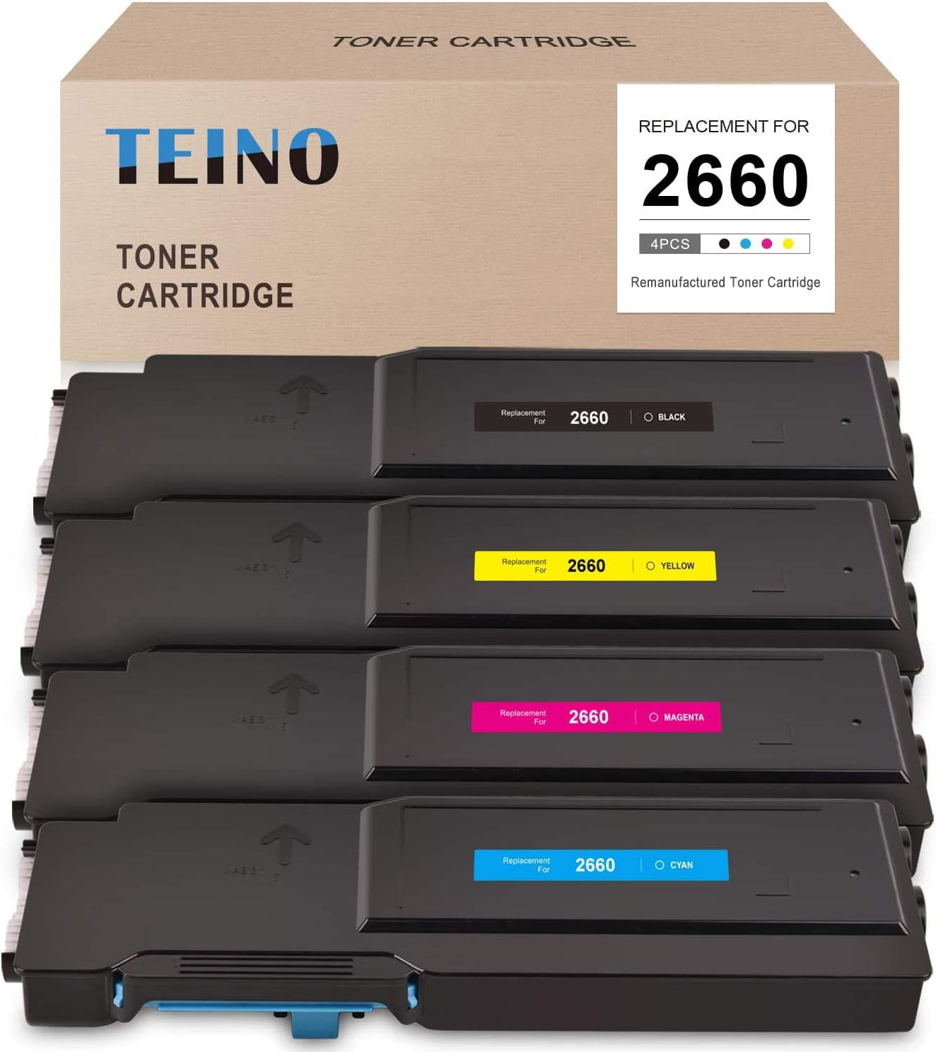 TEINO 再生硒鼓，適用於 DELL C2660dn C2665dnf 593-BBBU 593-BBBT 593-BBBS 593-BBBR（黑色、青色、洋紅色、黃色，4 支裝）