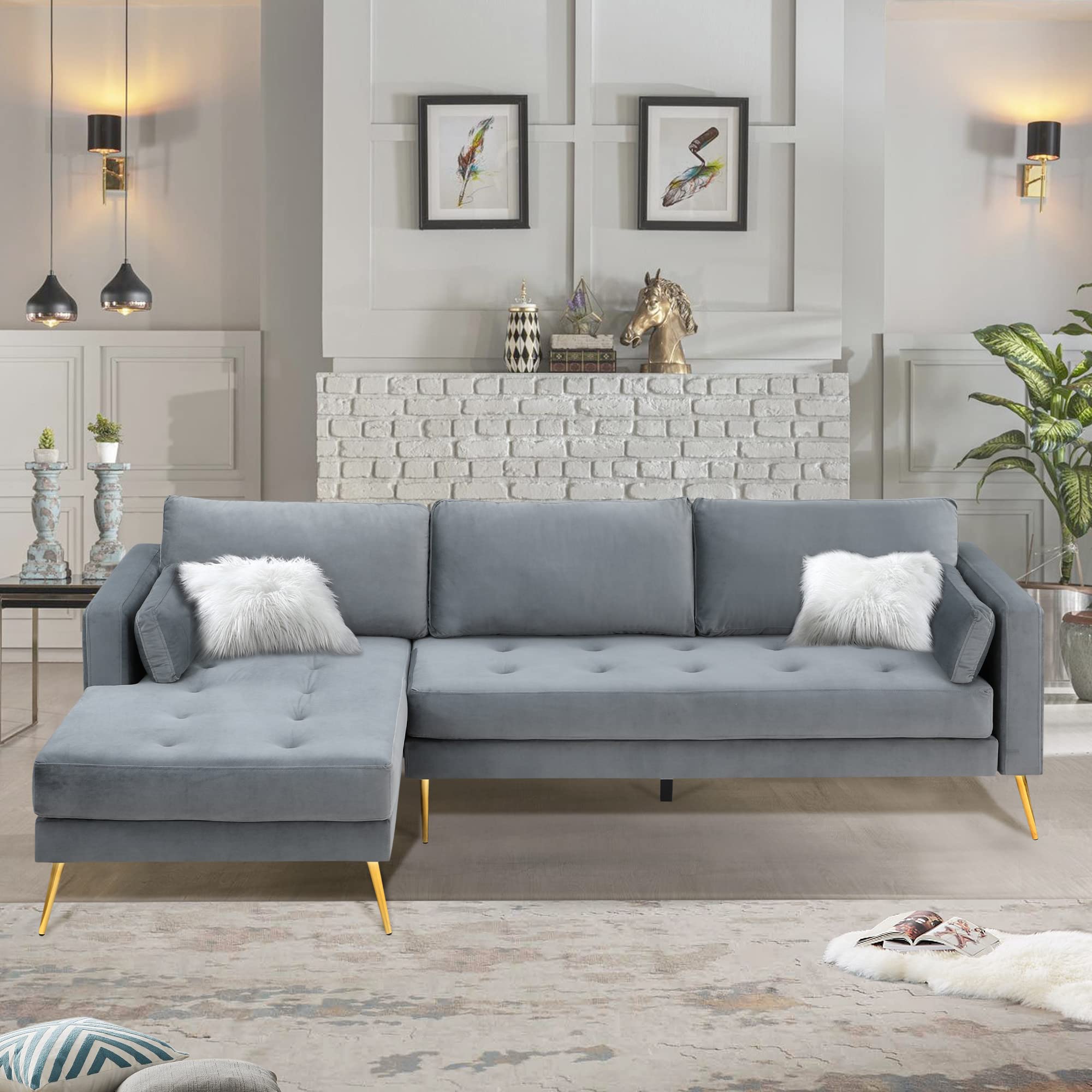 P PURLOVE L型轉角沙發，附兩個靠枕，適用於客廳家居，灰色