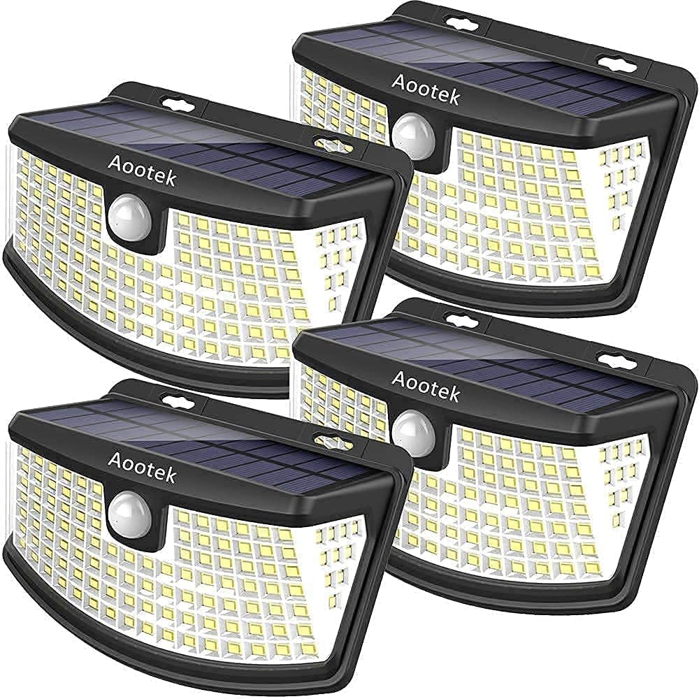 Aootek 新款太陽能燈，120顆LED燈珠，附反光罩，270°廣角，IP65防水，易於安裝，適用於前門、庭院、車庫、露台的安全照明燈（4個裝）