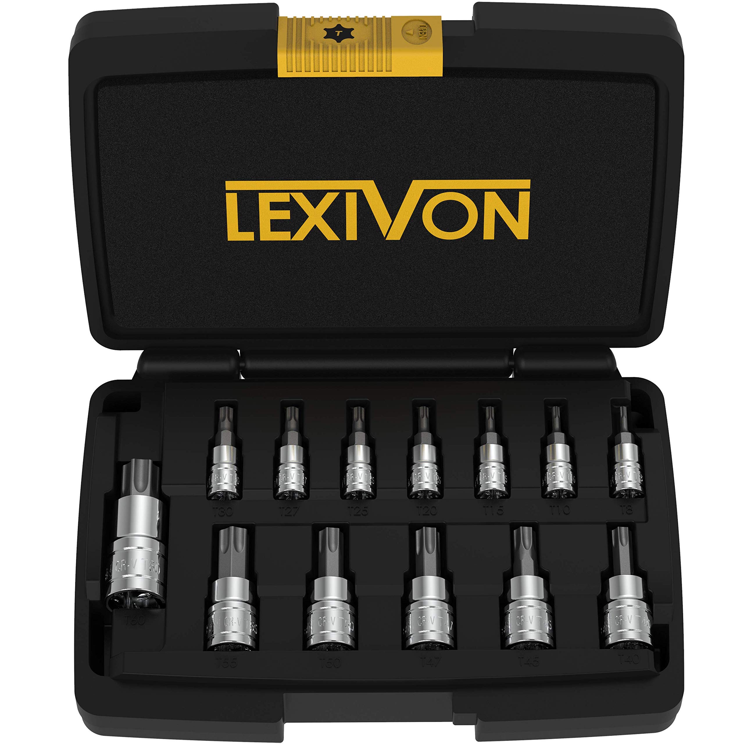 LEXIVON Torx 星形套筒扳手套裝，優質 S2 合金鋼 | 13 件組星形 T8 - T60 套裝 | 增強型收納盒 (LX-143)