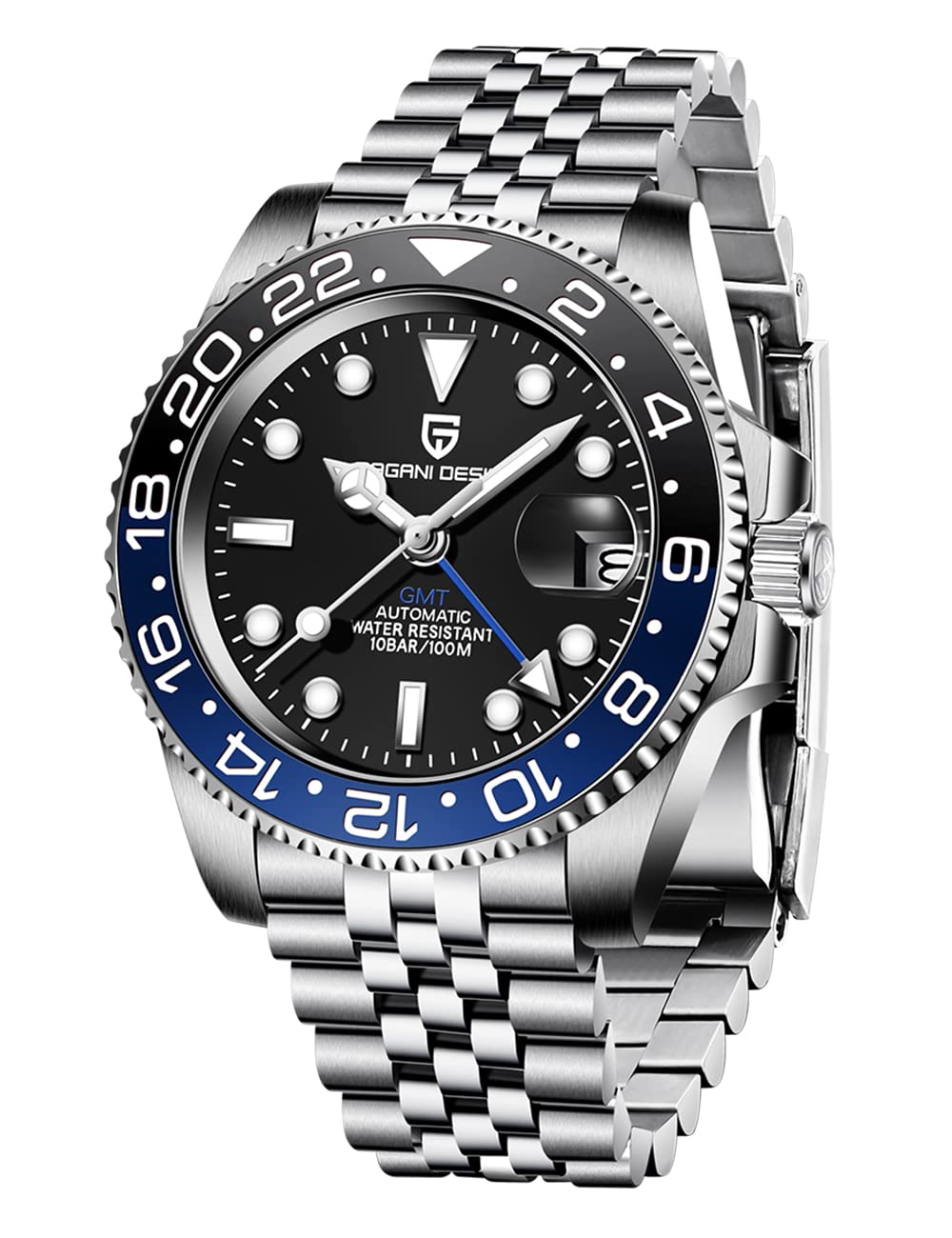 BENYAR Pagani 設計 GMT 男士自動機械腕錶，雙色陶瓷錶圈，藍寶石水晶錶鏡，100 公尺防水，不鏽鋼五珠錶帶，時尚商務男士腕錶