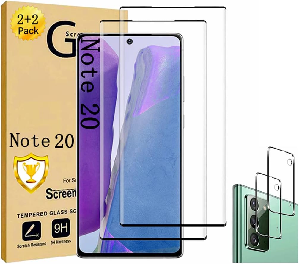 Micger Galaxy Note 20 螢幕保護貼【2+2 片裝】帶相機鏡頭保護膜，相容於指紋識別，易於安裝，適用於三星 Galaxy Note 20 5G 的 3D 9H 強化玻璃螢幕保護貼
