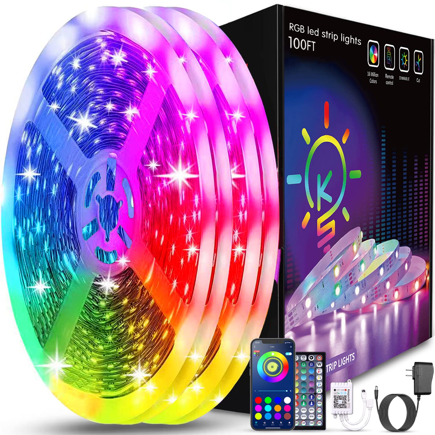 Keepsmile 100英尺LED燈帶（2卷，每卷50英尺），藍牙智慧APP音樂同步變色RGB LED燈帶，帶遙控器和電源適配器，適用於臥室、房間、家居裝飾、派對和節日。