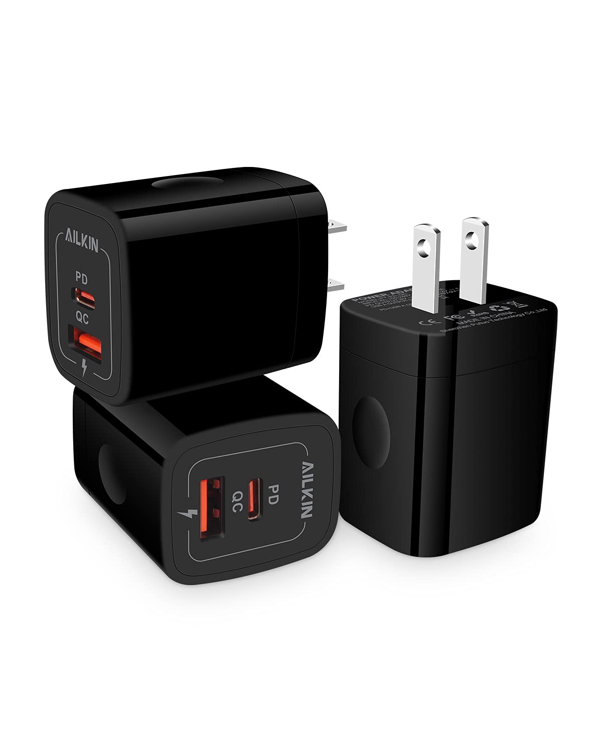 3個裝 USB-C 充電器，雙埠 USB-C 壁式插頭 USB 充電器，20W PD 和 QC3.0 USB A 快速充電器，適用於三星 Galaxy S22/S21 Ultra/S20+/Note 20 Ultra/10/10+ iPhone 14 13 Pro MaxC 立方體充電器 USB