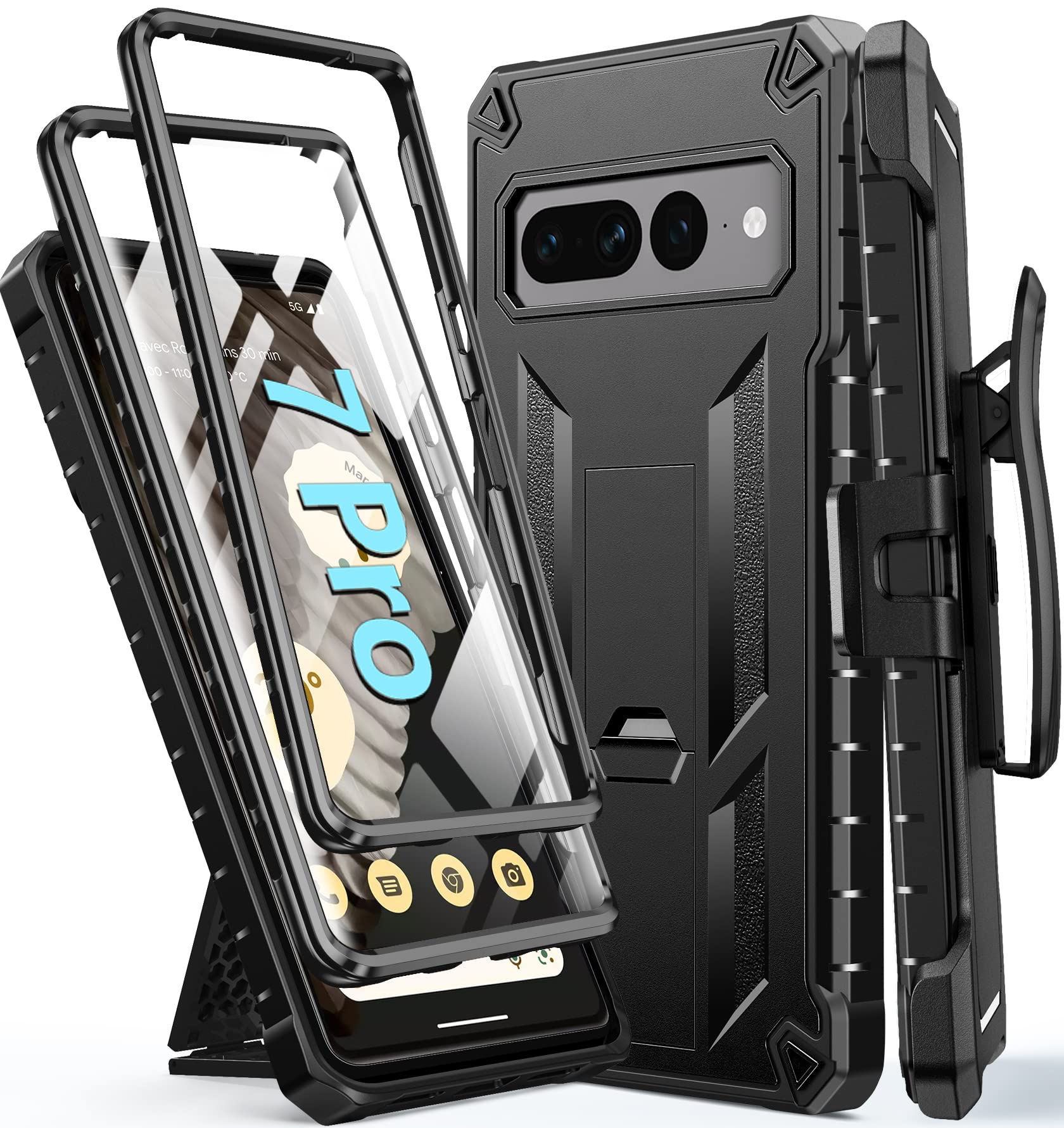 適用於GooglePixel 7 Pro手機殼：軍規級防摔手機保護套，附支架和皮套 | 堅固耐用的防震TPU材質，表面紋理設計，堅固耐磨的手機邊框（純黑色）