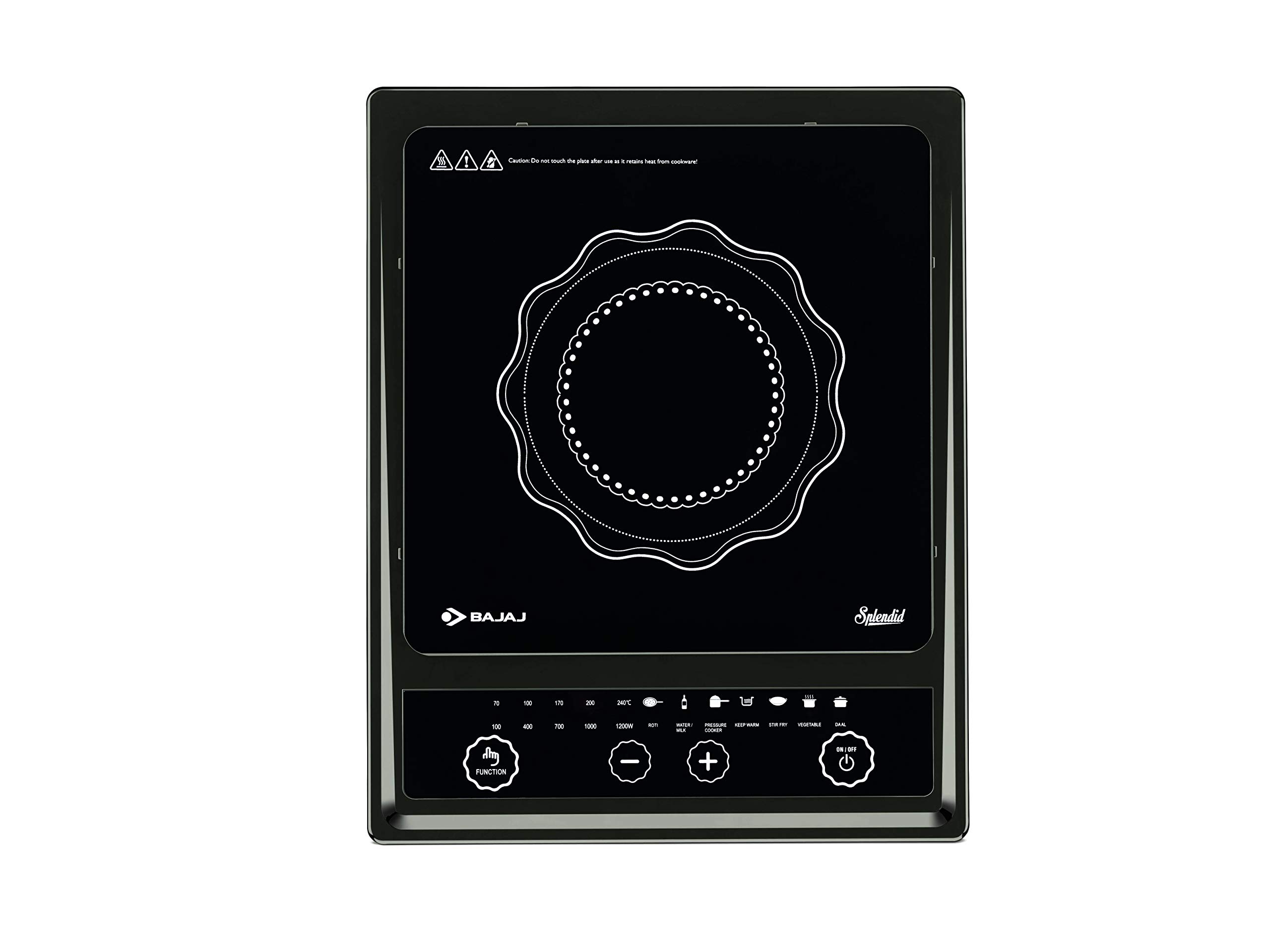 Bajaj Splendid 1200W 電磁爐，帶鍋具感測器和 Voltage Pro 技術，黑色