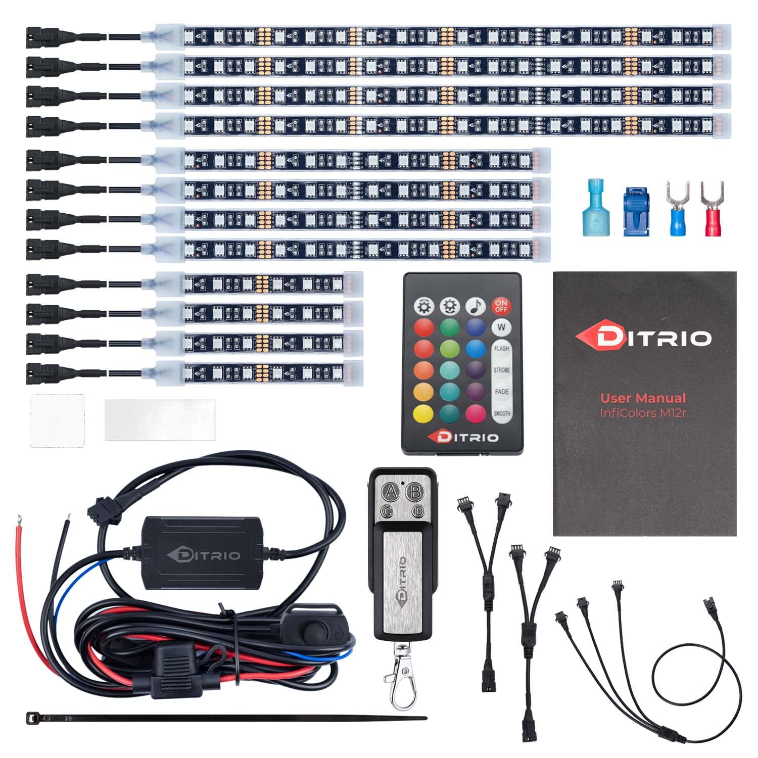 DITRIO 12件式底盤RGB LED燈條套裝，DC 12V，附2种红色閃爍煞車燈樣式，適用於摩托車、三輪車、高爾夫球車、全地形車、多用途車 – M12r