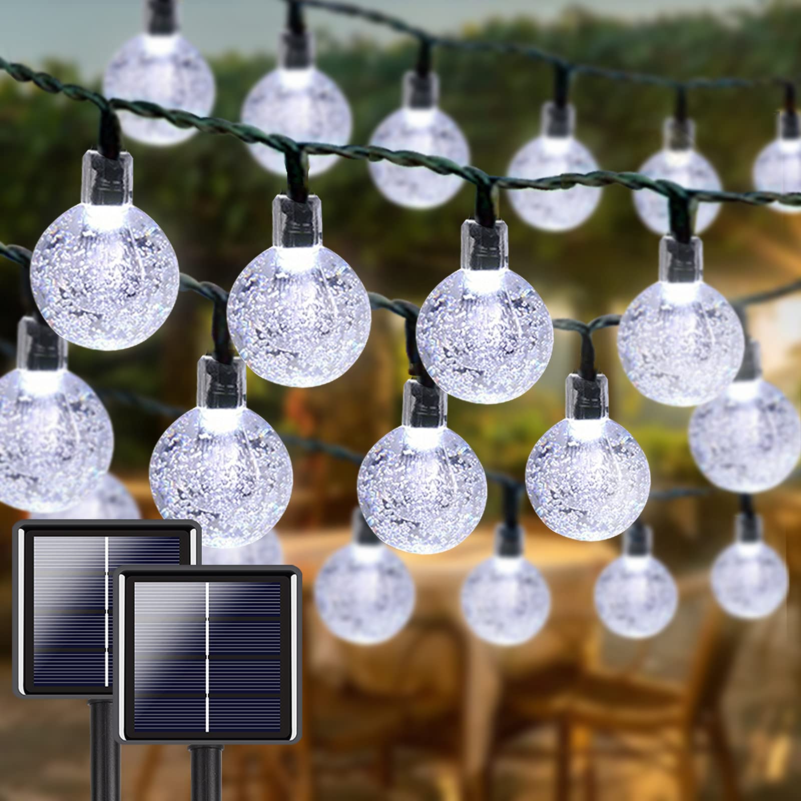 白色 2 件裝 100 LED 64 英尺水晶球太陽能燈串，戶外防水太陽能燈，戶外裝飾燈，8 種照明模式，太陽能供電庭院燈，適用於花園、聖誕節、婚禮派對（白色）