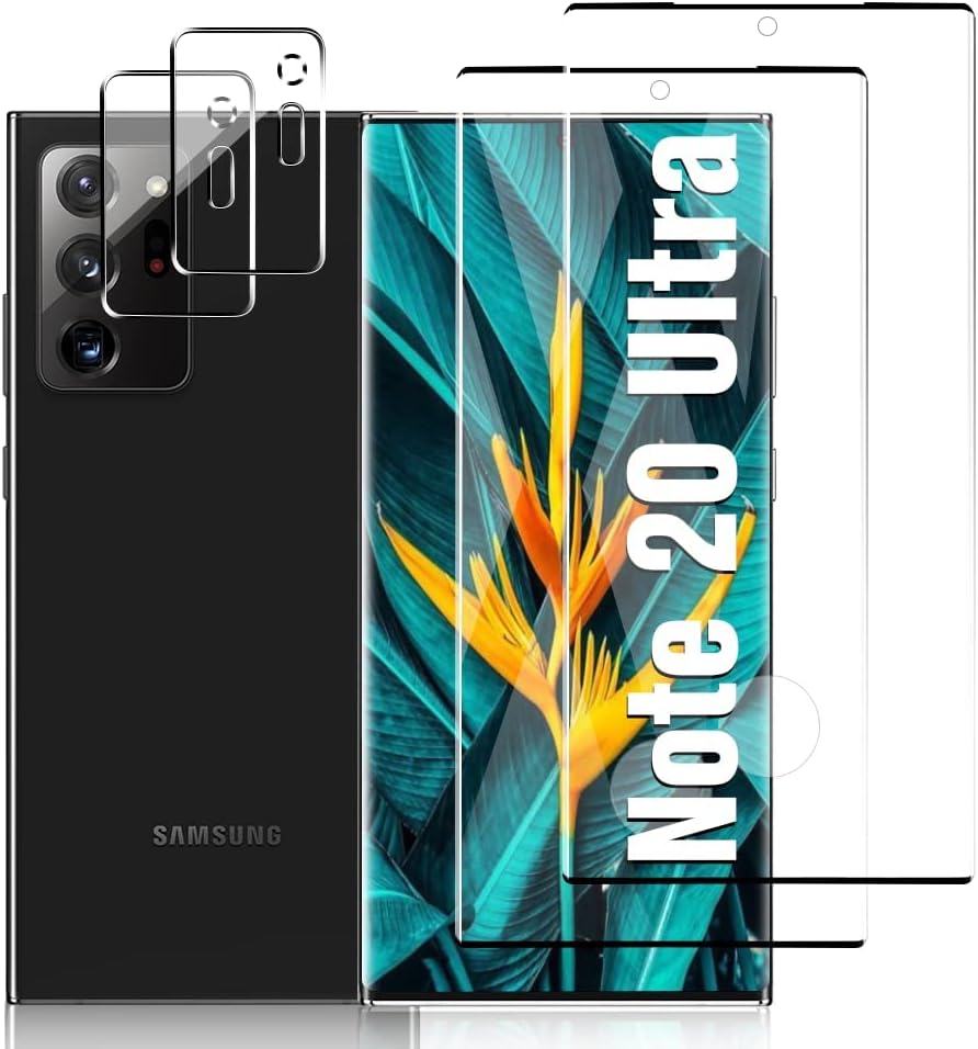 【2+2 片裝】三星 Galaxy Note 20 Ultra 5G 螢幕保護貼，附相機保護膜【指紋解鎖】【9H 硬度】3D 全覆蓋高清強化玻璃保護膜，適用於三星 Galaxy Note 20 Ultra