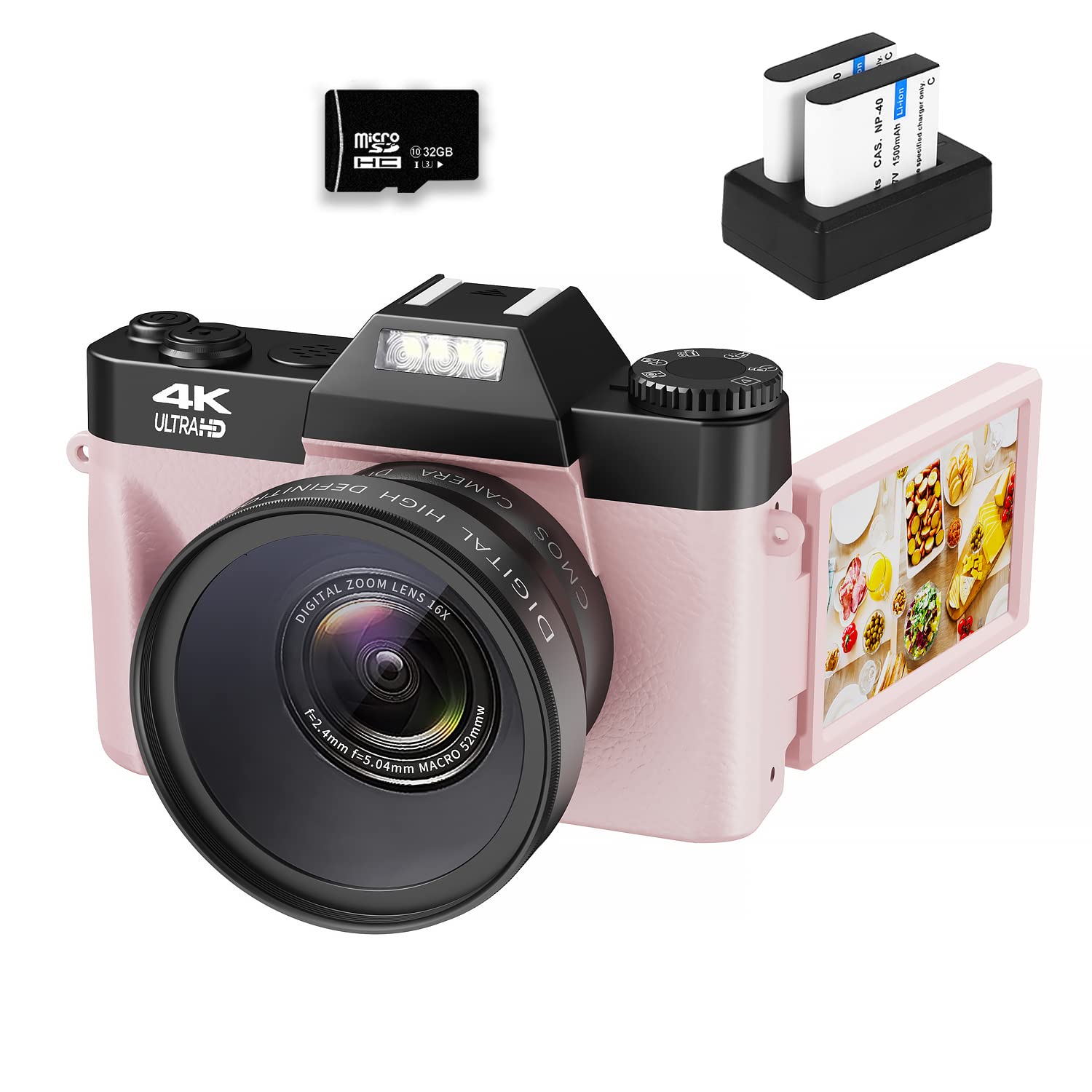 VJIANGER 4K Vlog相機，適用於YouTube，4800萬像素數位相機，可用於攝影和視頻拍攝，帶翻轉屏幕、手動對焦、16倍數碼變焦、52mm廣角和微距鏡頭、32GB TF卡、2塊電池（粉色）