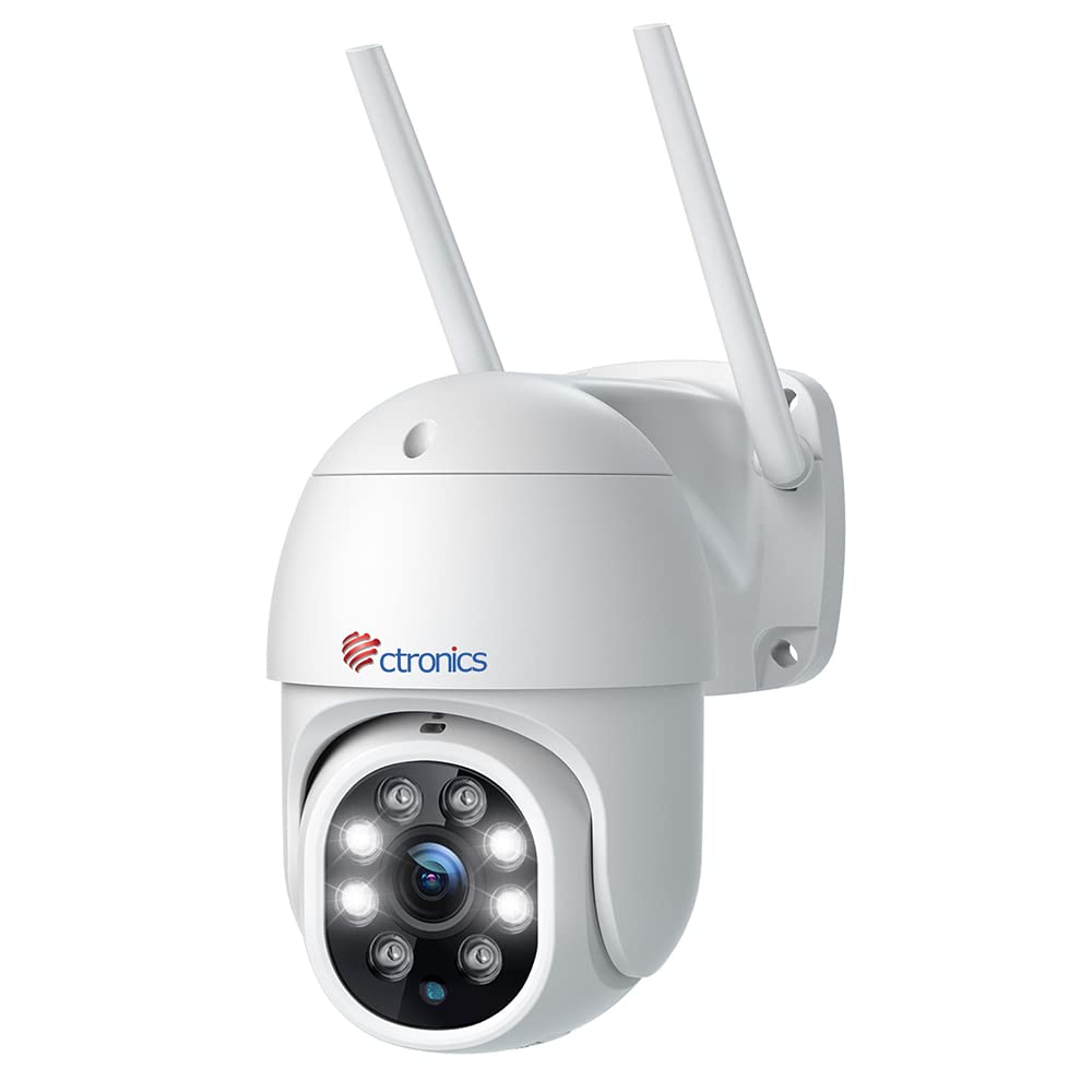 2K 4MP 戶外安防攝像頭，2560×1440P 分辨率，Ctronics PTZ 戶外攝像頭，2.4G WiFi 無線監控攝像頭，適用於家庭安防，具備人形檢測和自動跟踪功能，可自定義聲音警報，彩色夜視，雙向語音通話，IP66 防護等級。