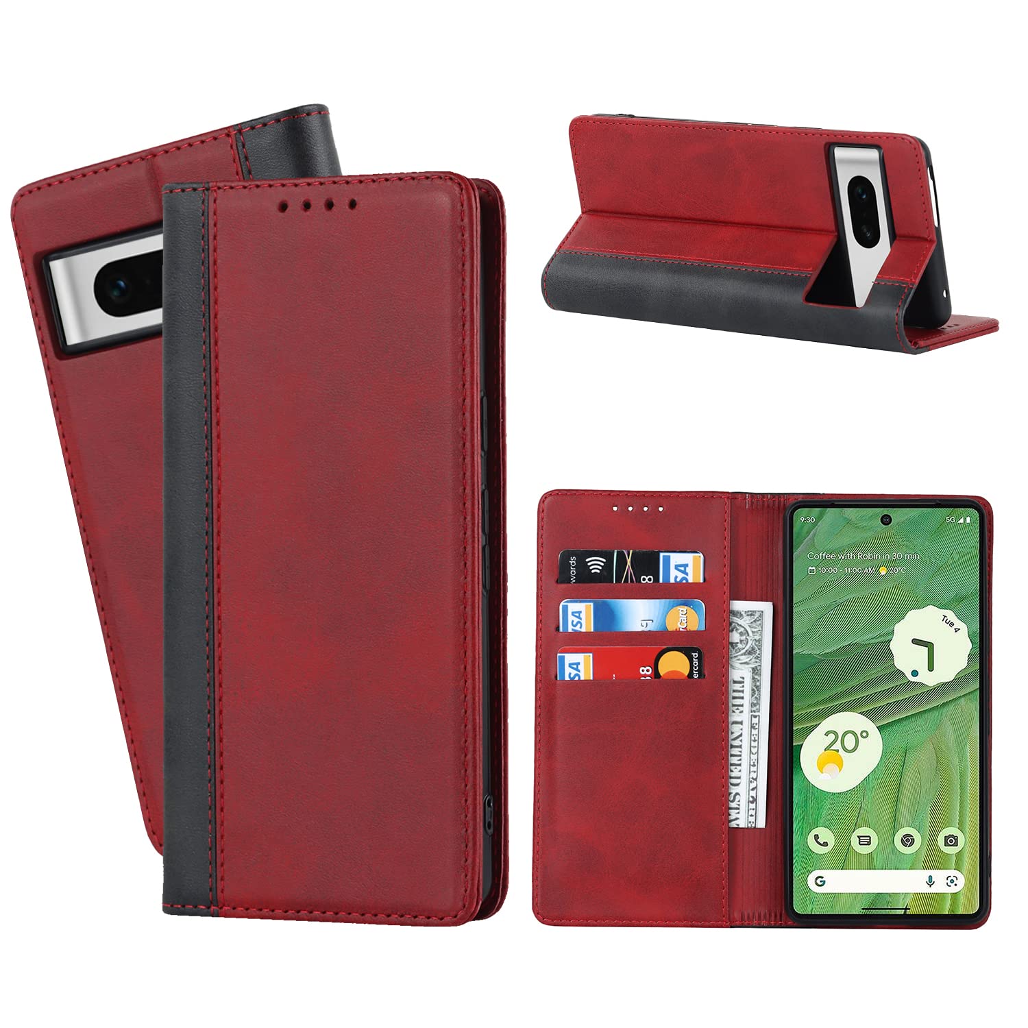 한한한 Google Pixel 7 皮夾式手機殼 - 撞色設計 - PU 皮革保護殼 - 適用於 Google Pixel 7 翻蓋手機 - 紅黑配色