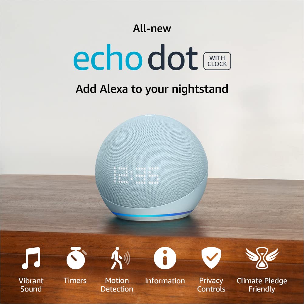 全新 Echo Dot（第五代，2022 年發布）帶時鐘 | 智慧音箱，內建時鐘和 Alexa | 雲藍色