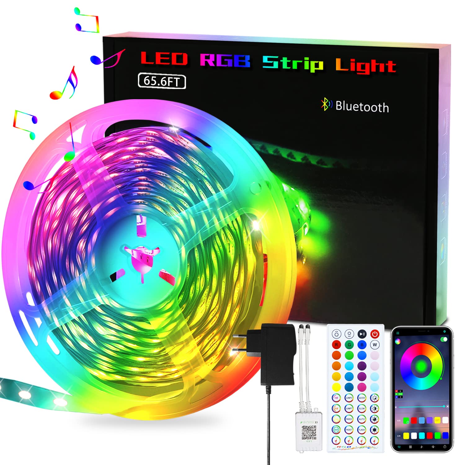 Gonshdi 臥室裝飾用 65 英尺 LED 燈帶 - RGB LED 燈，APP 控制，變色智慧燈，藍牙音樂同步，配備 44 鍵遙控器，適用於牆壁、廚房、客廳、家庭聚會