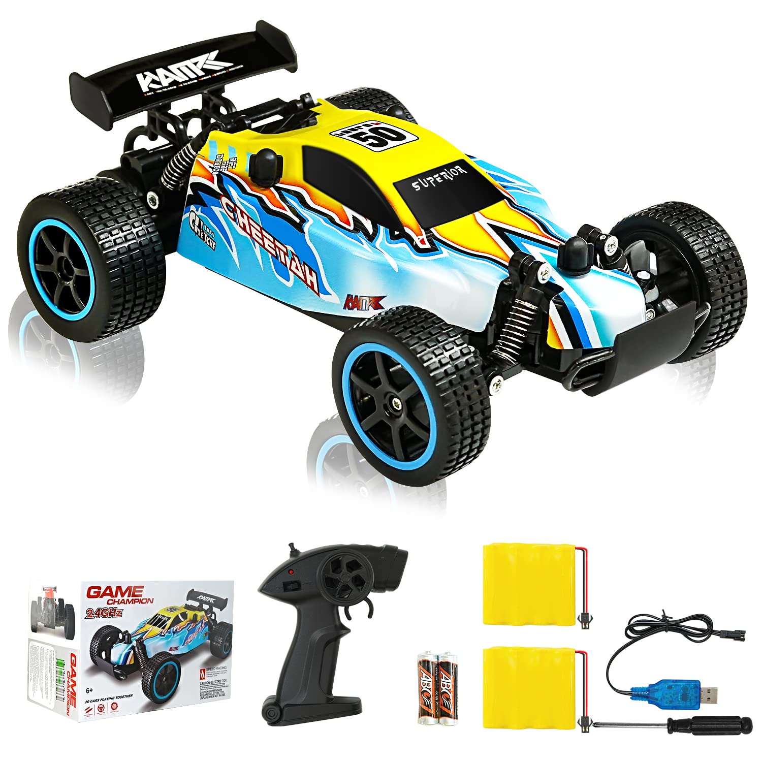 遙控車玩具 - 1:20 比例全地形遙控賽車，2.4GHz 高速兩驅遙控越野車，配備 2 個可充電電池，適合兒童、男孩、女孩和成人的越野電動車，聖誕禮物