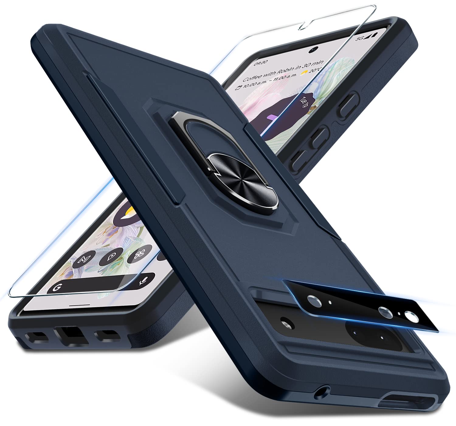 Google Pixel 7 手機殼，附螢幕保護貼和相機保護膜，重型防震全包式保護套，內建可旋轉磁吸指環支架，2022 海軍藍