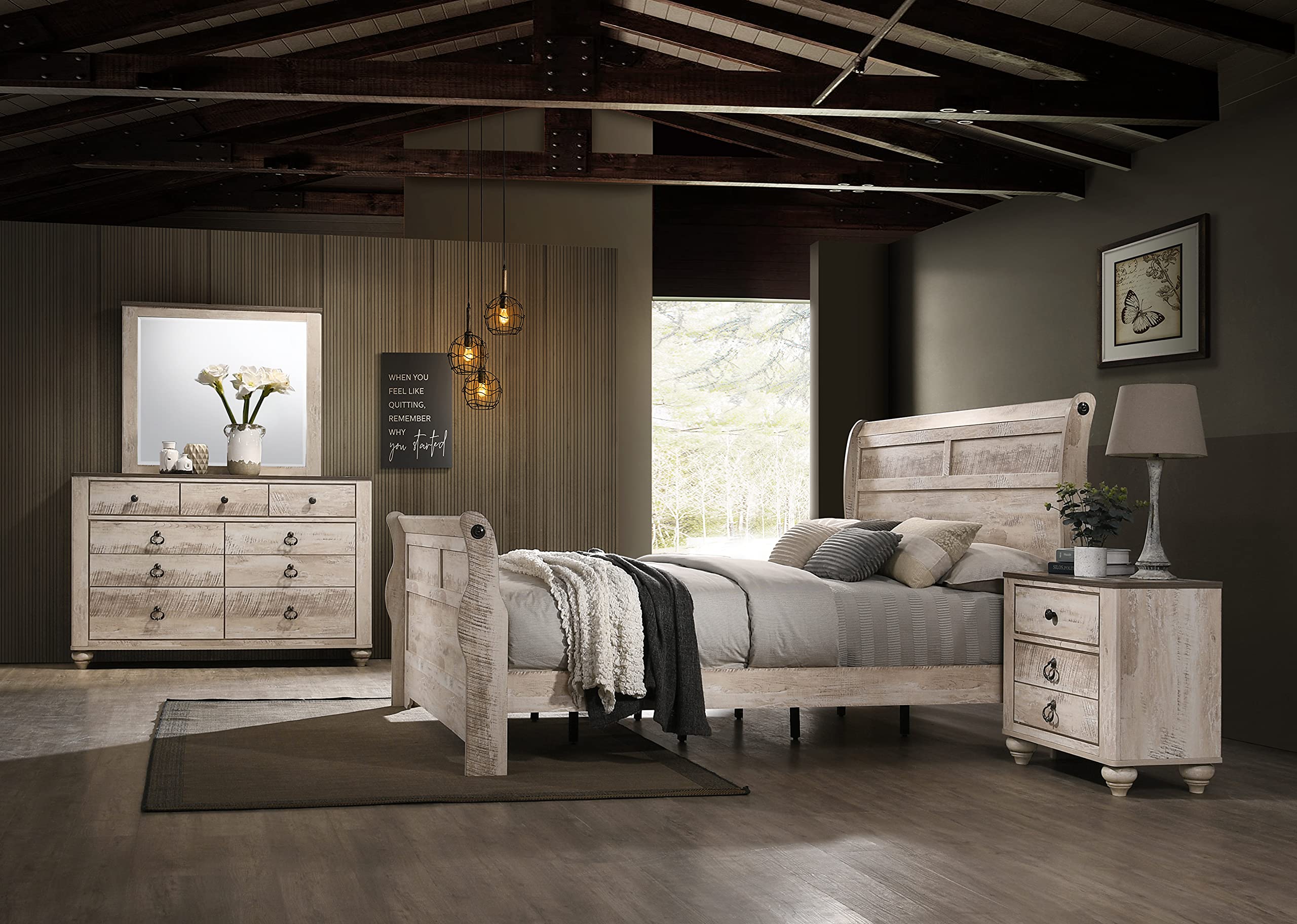 Roundhill Furniture Imerland 現代臥室套裝，包含皇后尺寸雪橇床、梳妝台、鏡子、床頭櫃，白色水洗飾面