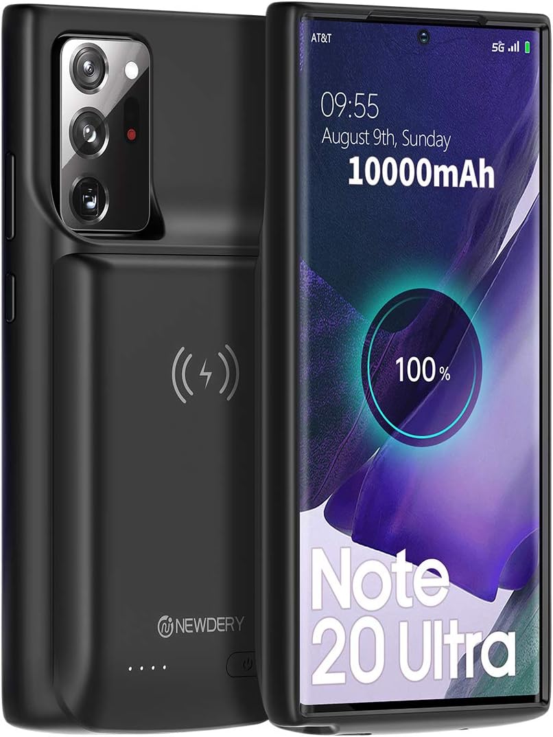 NEWDERY 三星 Galaxy Note 20 Ultra 電池保護殼 10000mAh，支援快速充電、Qi 無線充電和 Android Auto，適用於 Galaxy Note 20 Ultra 5G (6.9 吋) 的超長續航充電保護殼