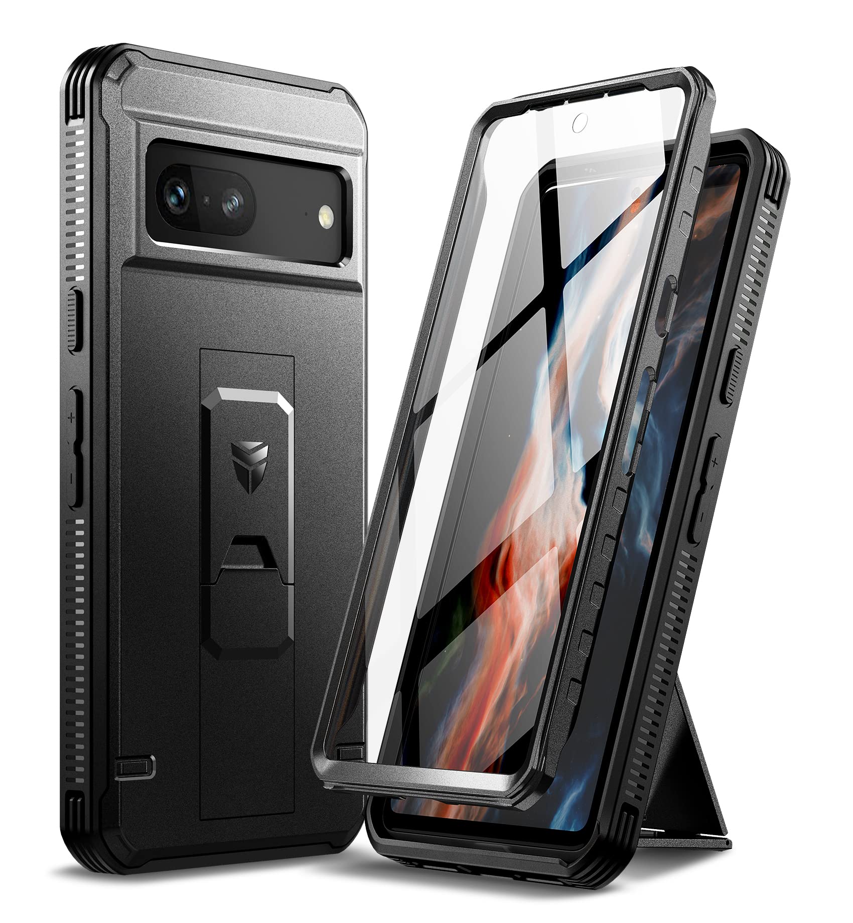 Dexnor 適用於 Google Pixel 7 的全包保護殼，[內建螢幕保護貼與支架] 重型軍用級防護防震保護套，適用於 Google Pixel 7（黑色）
