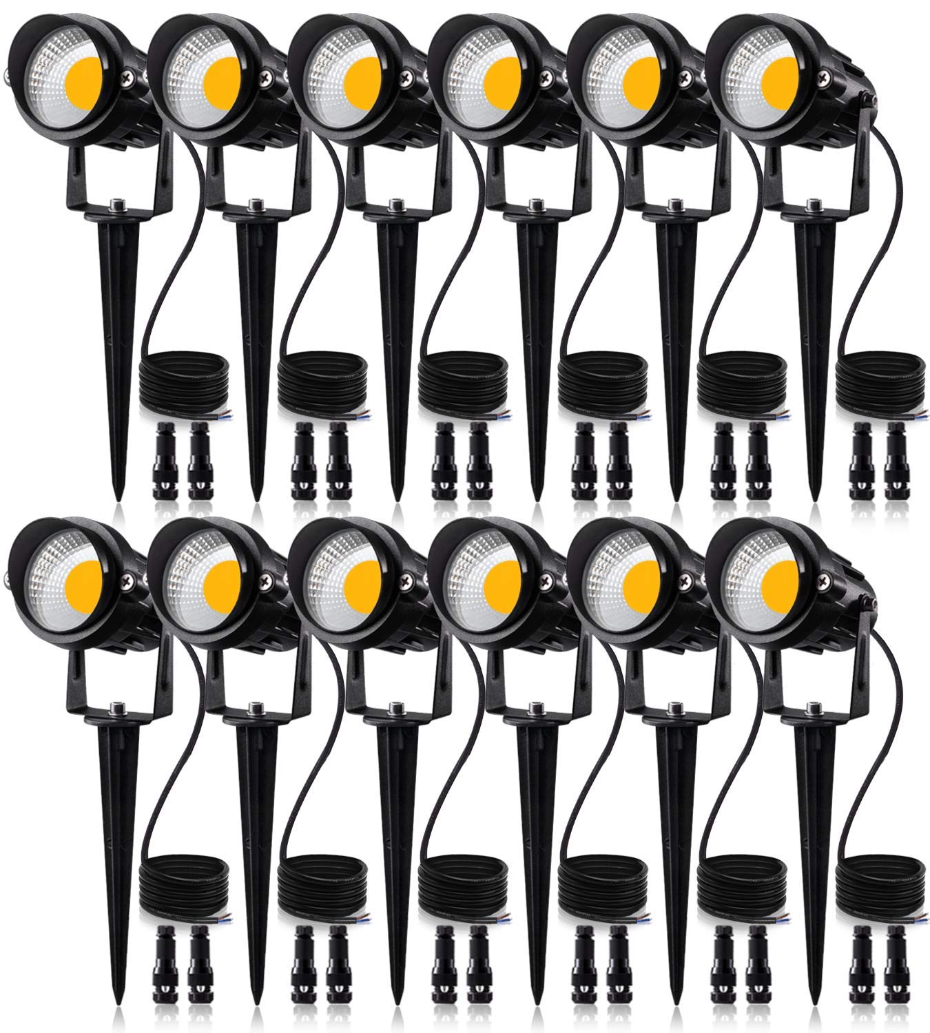 SUNVIE 12W 低壓 LED 景觀燈帶連接器，戶外 12V 超暖白光 (900LM) 防水花園小徑燈壁燈樹旗射燈帶地釘支架 (12 件裝帶連接器)